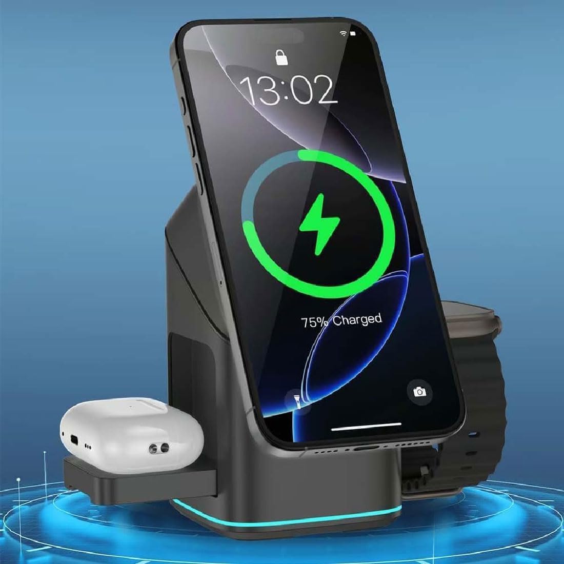 Subsistenceed Cargador inalámbrico 3 en 1, estación de carga táctil multidispositivo con soporte magnético de rotación automática de 15 W, base de carga rápida plegable para teléfonos inteligentes