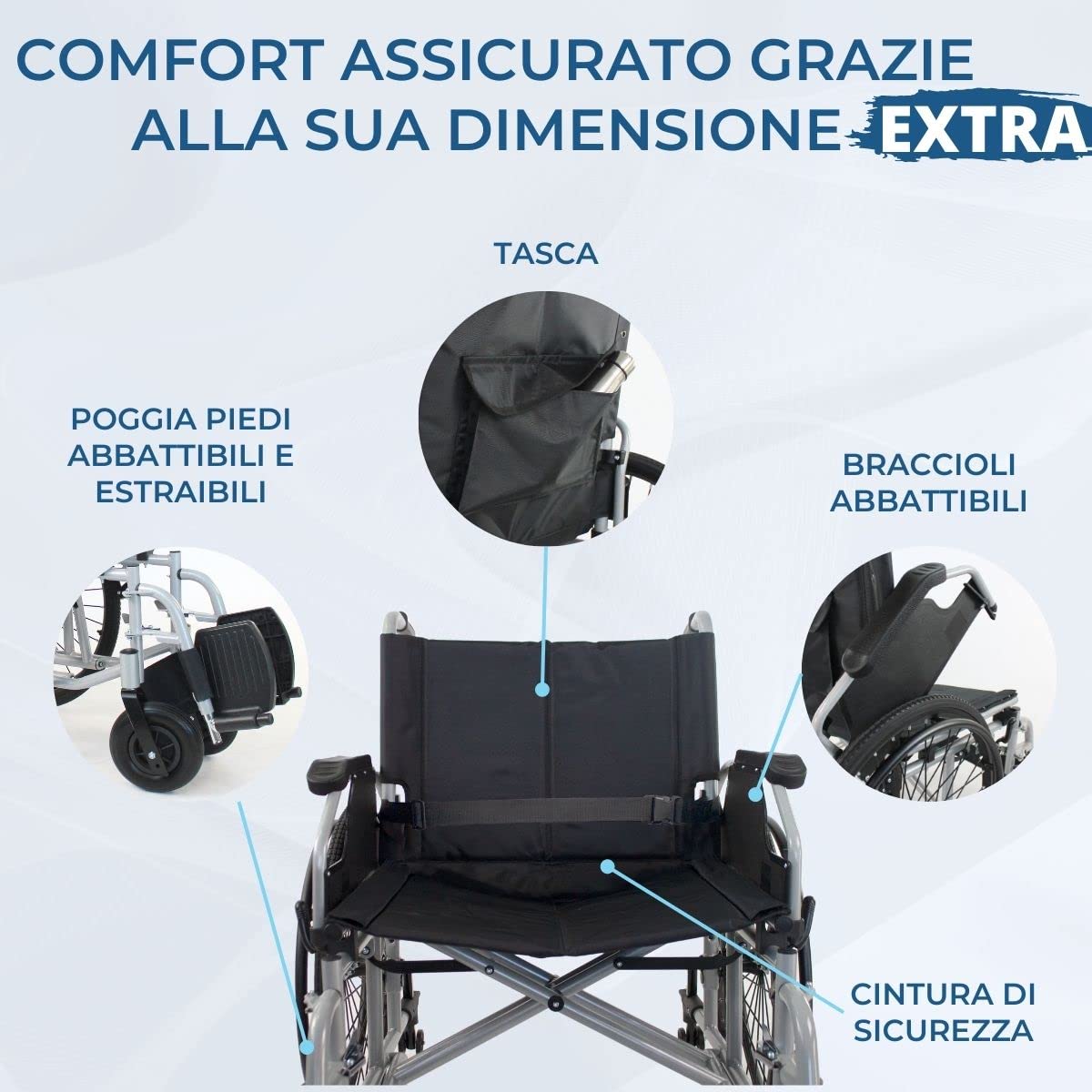 Mobiclinic®, Sedie a Rotelle bariatriche, Larghezza Speciale 60 cm, Robusta, Max. 225 Kg, Ruote Rimovibili con un Solo Pulsante, Antiribaltamento, Telaio Doppia Crociera, Braccioli e Poggiapiedi