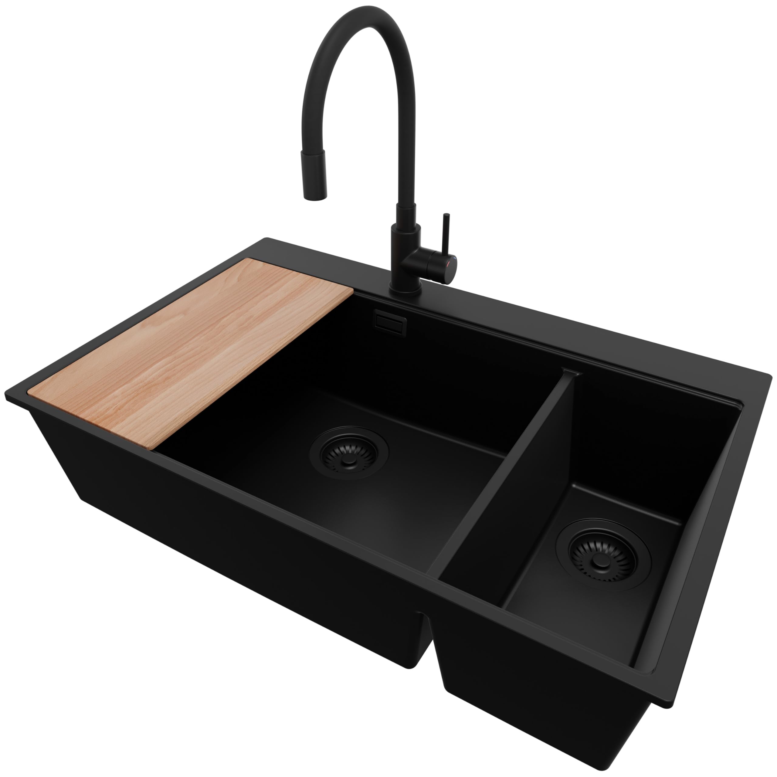 PRIMAGRAN Fregadero Granito Todo Negro 78x50cm, Cocina 2 Senos + Grifo 40x38cm + Sifón + Tabla de Cortar, Sobre Encimera al Mueble 80cm - Oslo Duo Top S100
