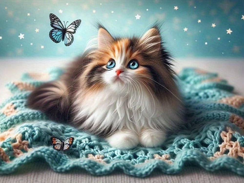 Brennora 5D Diamond Painting Kits Full Drill Round Gem Butterfly and Cat DIY Arts and Crafts Home Wall Decor Gift 40x50cm
