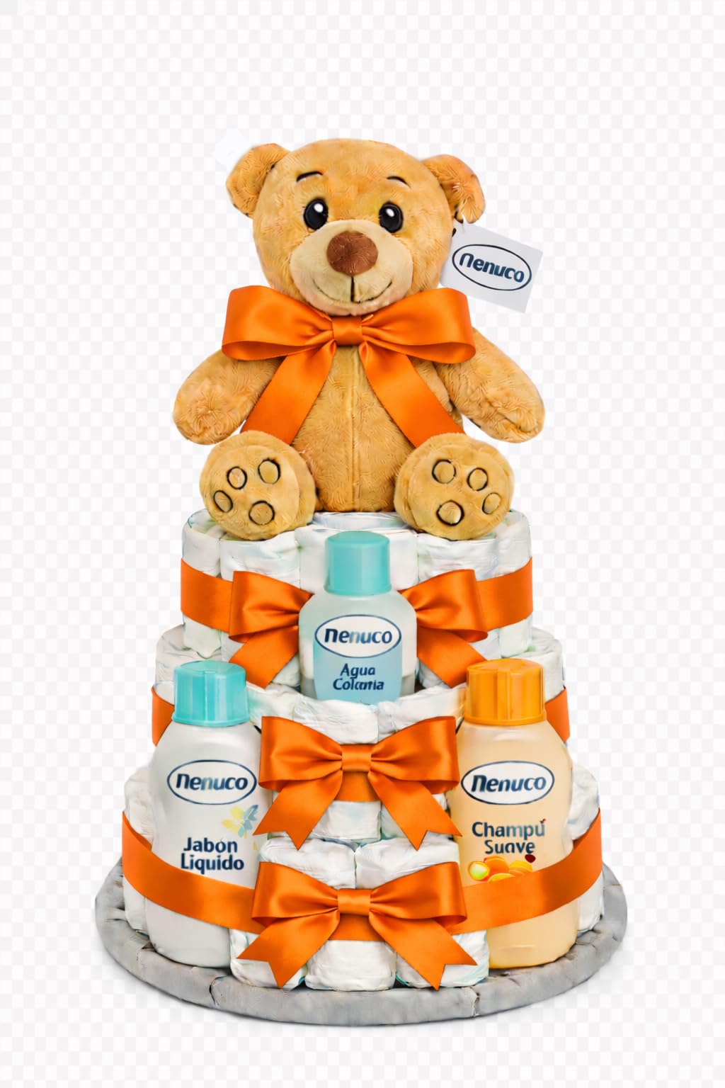 Tarta de pañales Nenuco naranja (Talla 2 (3-6 kg)) by MomentosGourmet Añade tu dedicatoria personalizada. Regalo para bebé muy práctico. Cesta Canastilla recién nacido. Diaper Cake