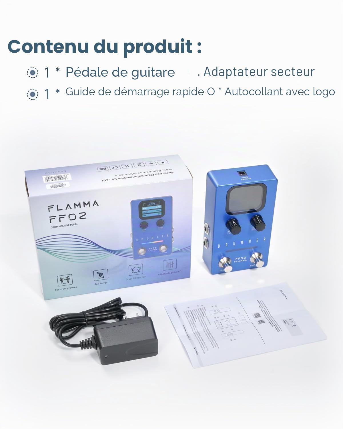 FLAMMA FF02 Pédale de guitare pour machine à tambour – 121 rainures de batterie, 11 genres de musique, Tap Tempo, rythmes personnalisables, E/S stéréo pour une utilisation en direct et en studio