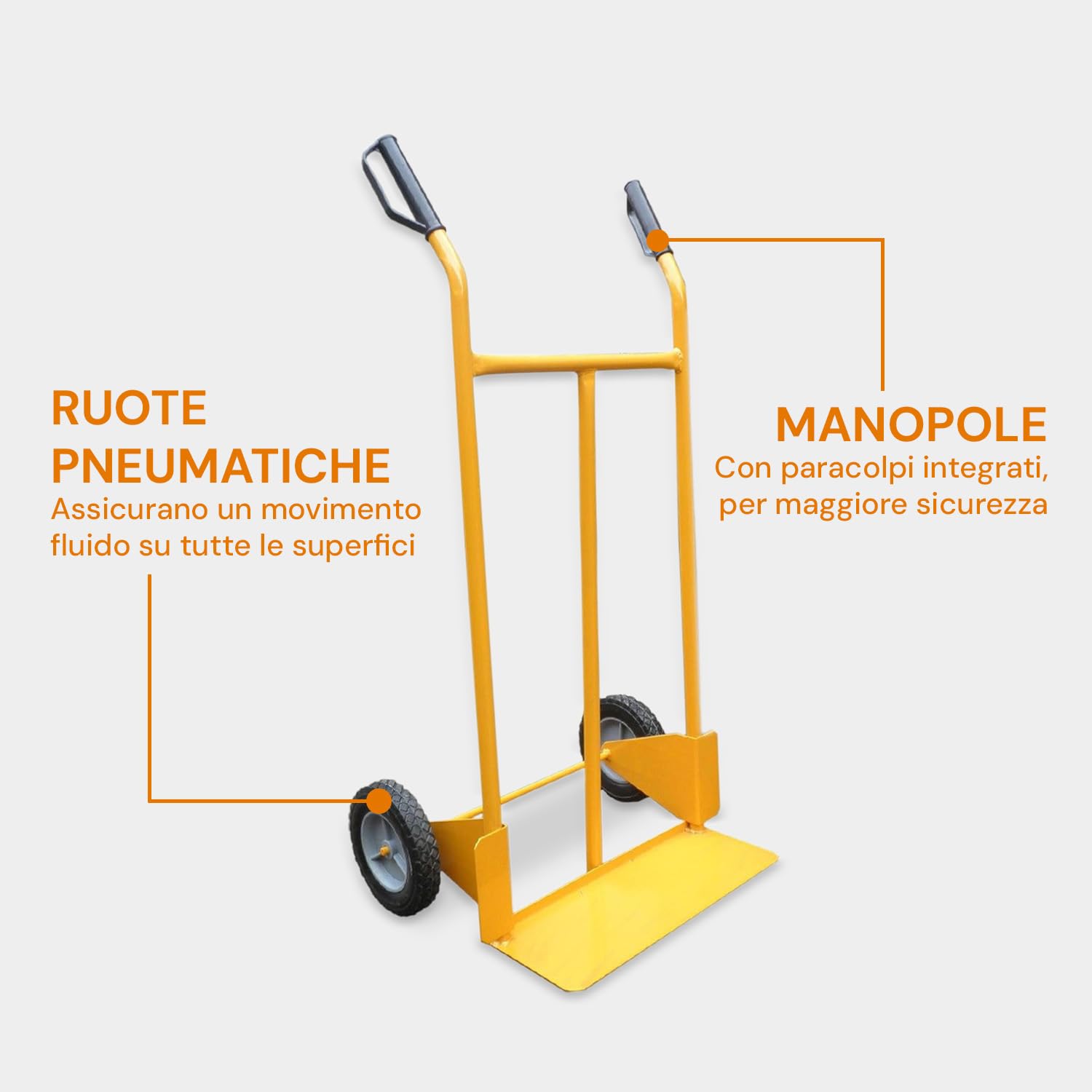 Carrello Portapacchi con Manopole Antiscivolo e Paracolpi in Acciaio Rinforzato Giallo, Carrello Trasporto con Ruote Pneumatiche, Portata 200 kg, 110x46x56 cm