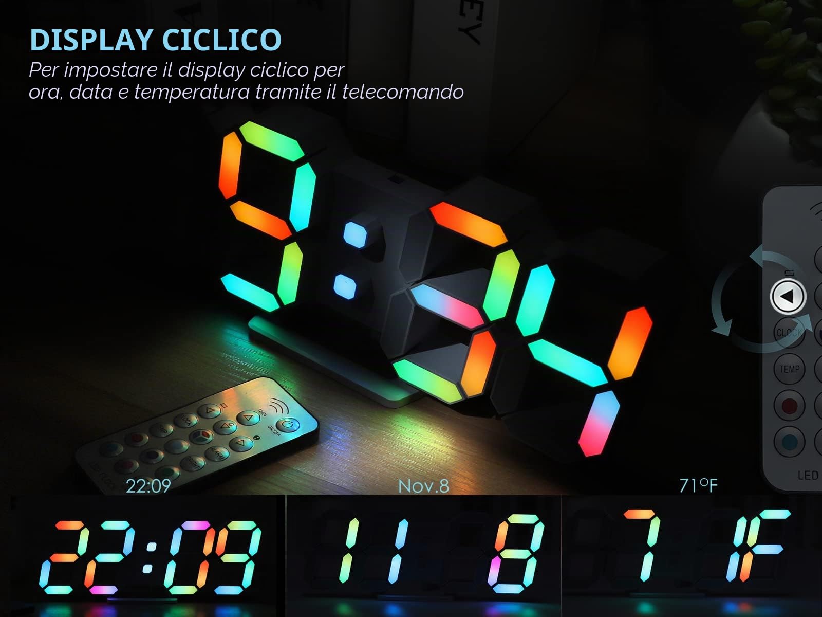 KOSUMOSU Orologio da parete al neon digitale 3D LED orologio da scrivania grande display RGB 24.7 cm sveglia estetica per camera da letto, soggiorno, colorato, luminosità regolabile, data/temperatura…