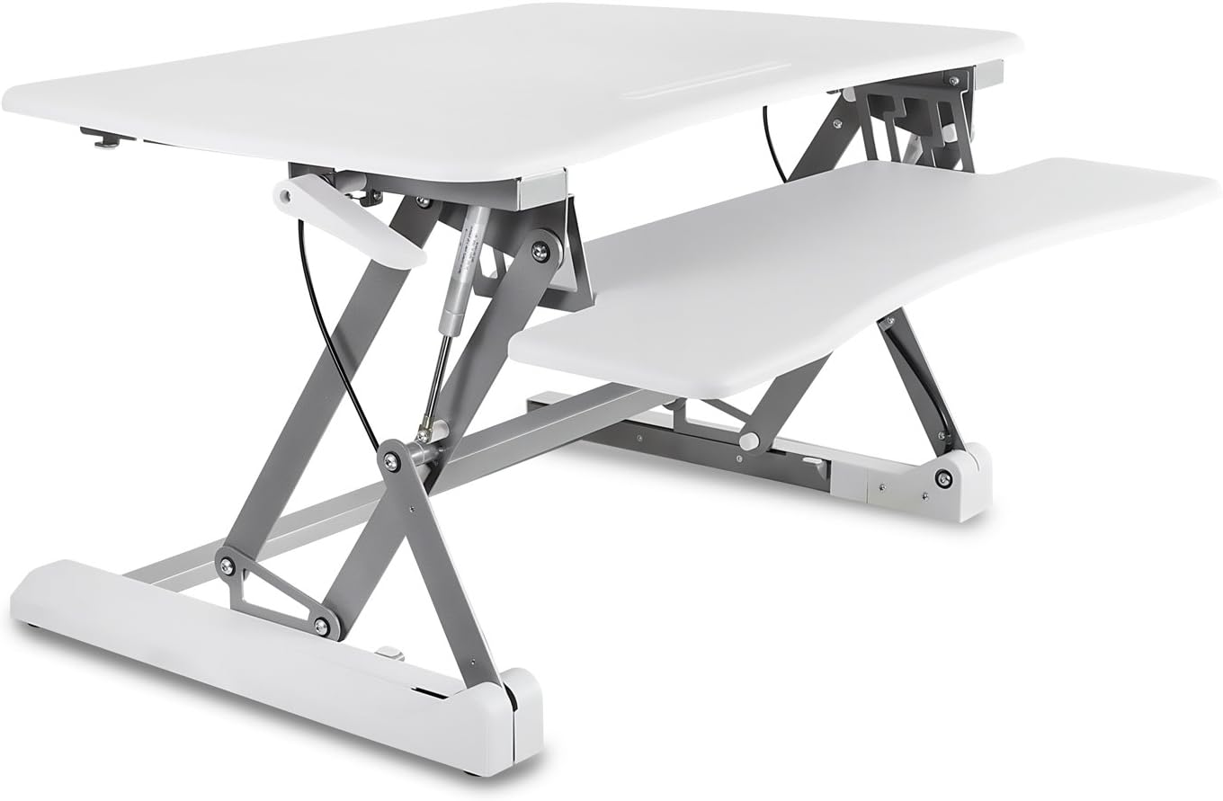 Mount-It! White Standing Desk Converter | 35” Wide Height Adjustable Desktop | Sit-Stand Desk with Gas Spring Handle | Stand Up Computer Workstation Fits Dual Monitors | White (MI-7956) : Office Products