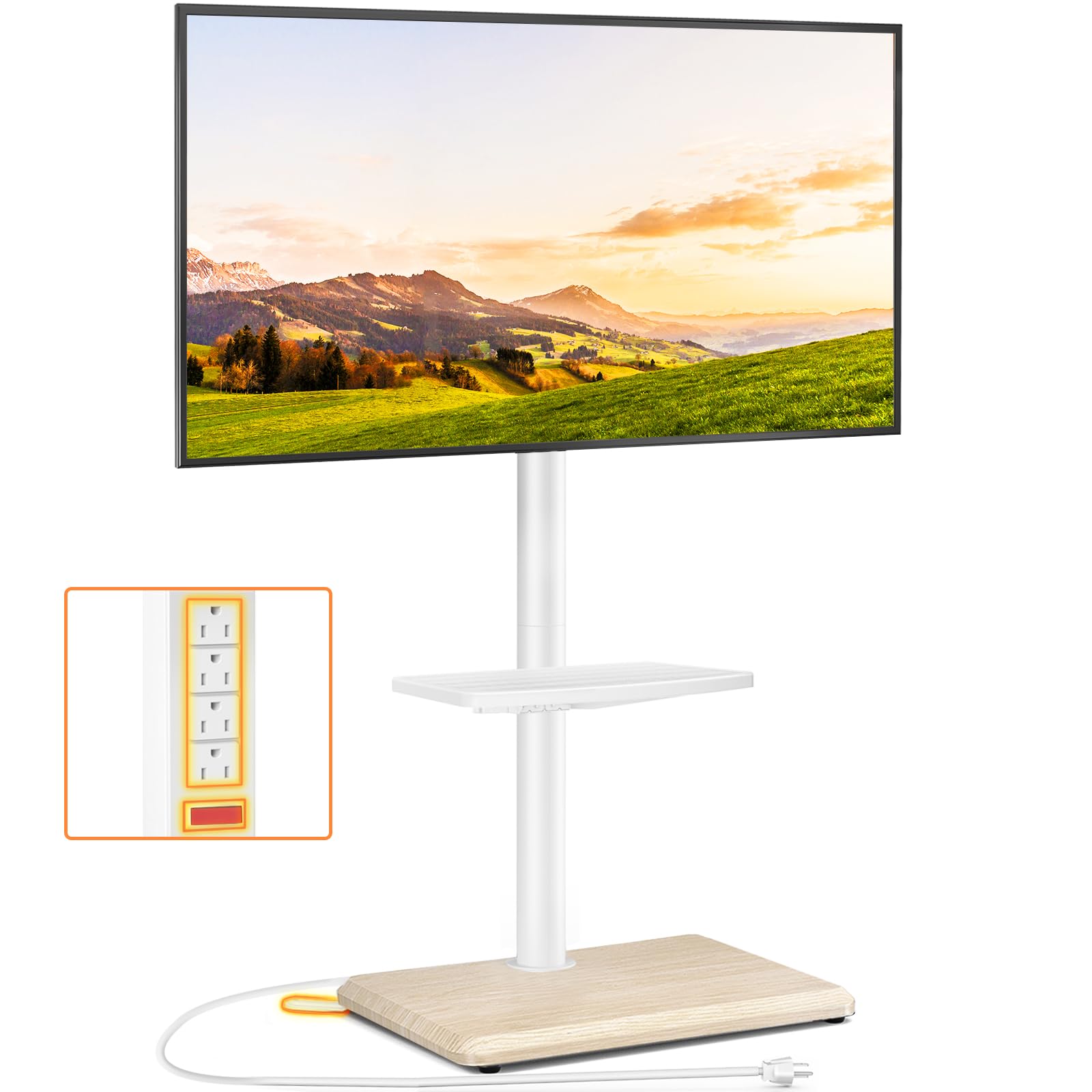 TVON 전원 콘센트가 있는 바닥 TV 스탠드, 최대 39.9kg(88파운드)의 31.3~165.1cm(32~65인치) TV용 TV 마운트 스탠드, 높이 조절 및 오크 우드 베이스가 있는 회전 TV 스탠드 마운트, 최대 VESA 400x400mm