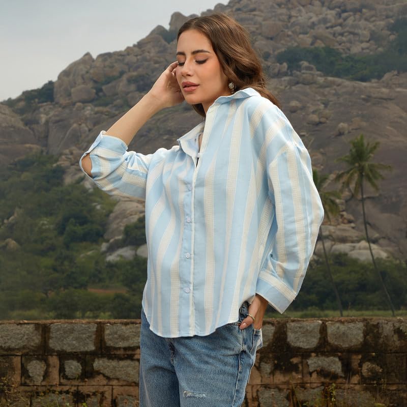 Image of PINACOLADA Women's Solid Oversized Shirt for Casual Wear | Spread Collar | Long Sleeve | Button Closure | Oversized Shirt Crafted with Comfort Fit for Everyday Wear