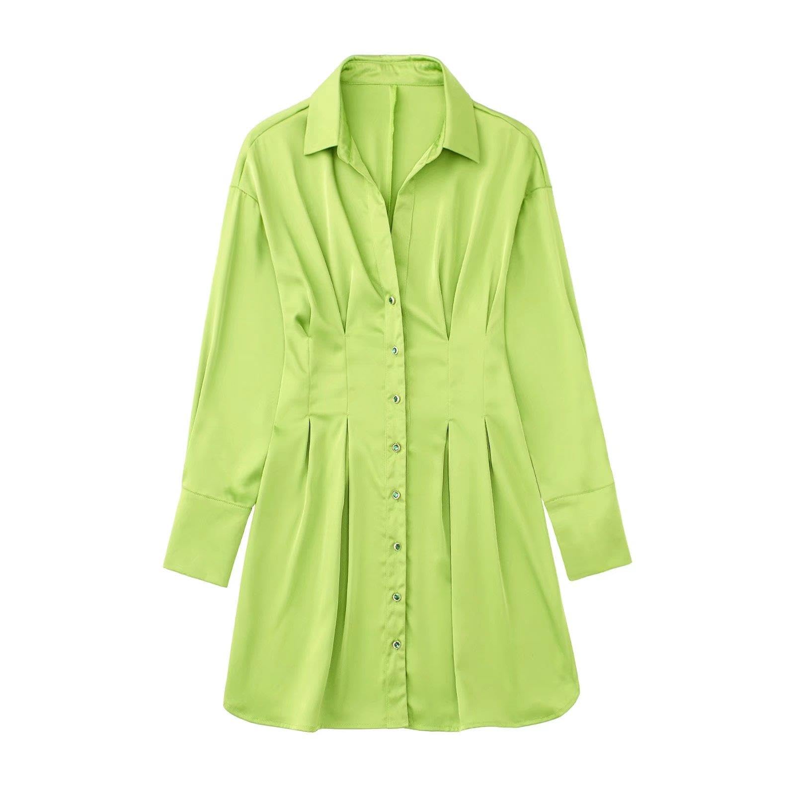Vestido de estilo camisa verde claro para mujer con botones de gema manga larga elegante dama casual moda vestidos cortos mujer túnica