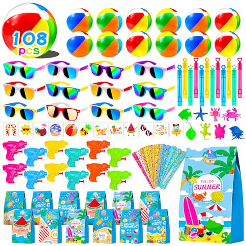 108Pcs Pool Party Favors and Beach Toys for Kids 3-8 8-12, Party Bag Stuffers Set with Beach Balls, Sunglasses, Bubble Wands, More for Pool Games Birthday Party Favors End of Year Student Gifts