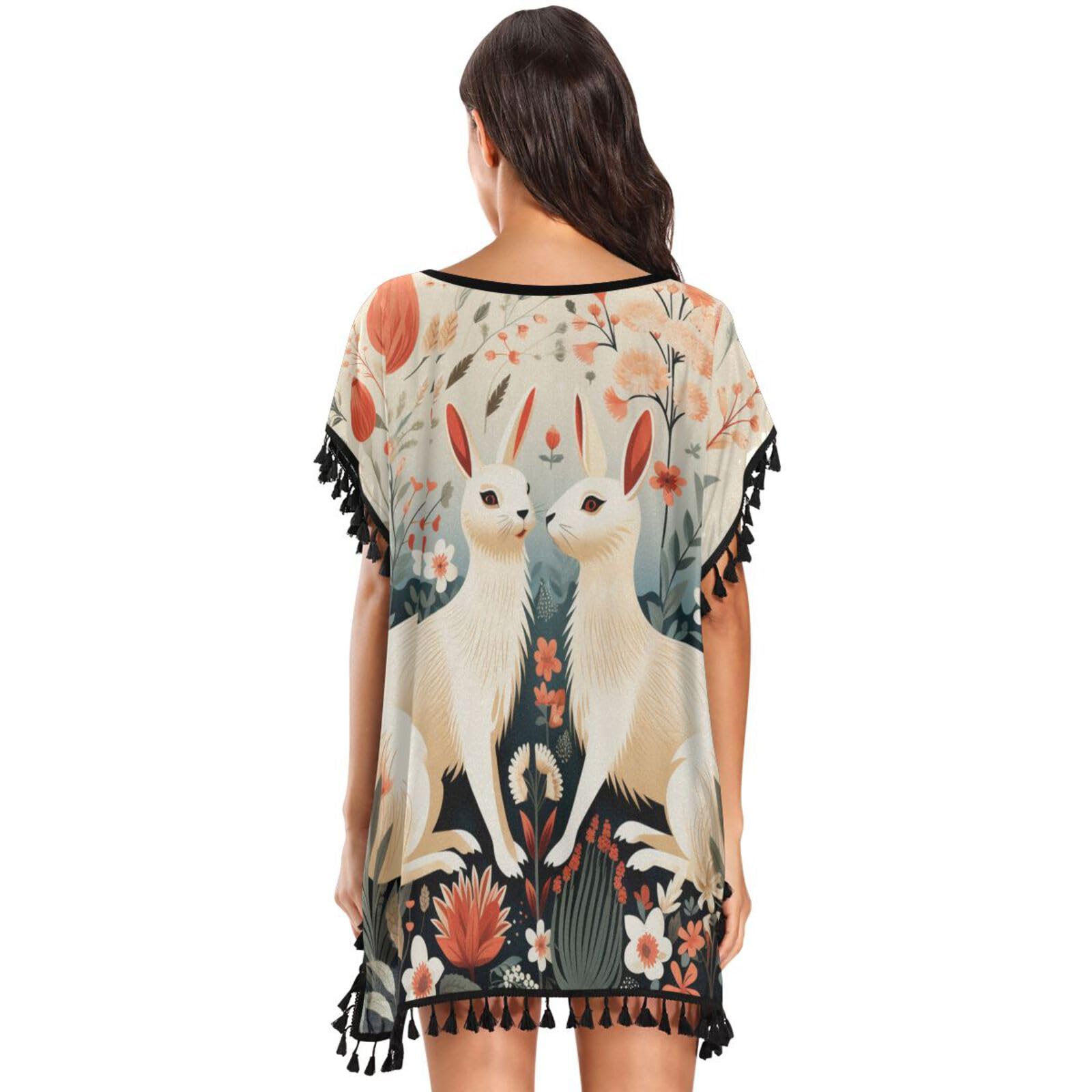 Beige Background Rabbits Art Women's Beach Cover Up Chiffon Tassel Swimwear Swimsuit Coverups for Girl