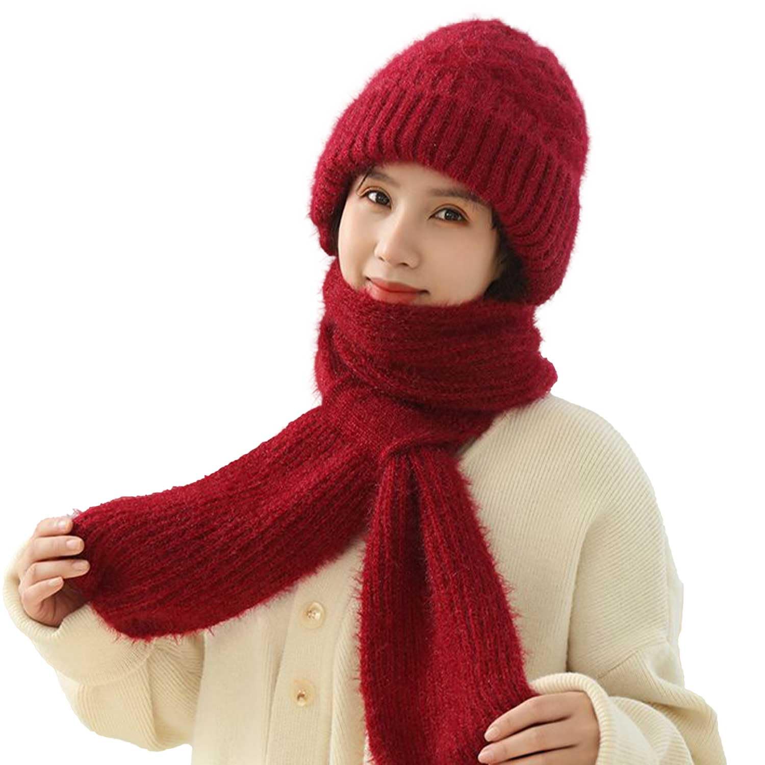 RUVE Integrated Ear Protection Windproof Cap Scarf, Winter Warm Knitted Hat Scarf, Thickening Beanie Hat Scarf