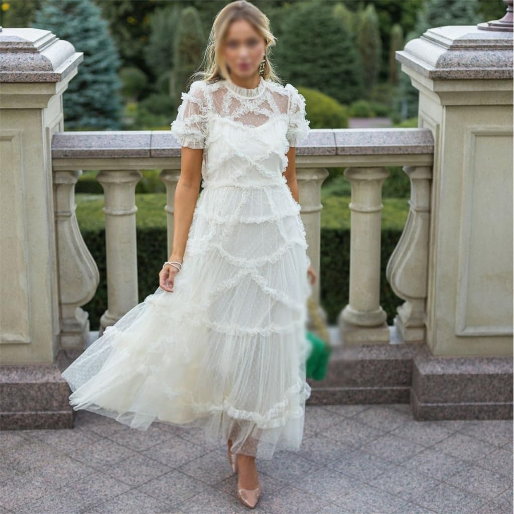 JSEIAJB Mesh Waist Cinching Sweet Fungus Lace Women's Dress Slimming Dress Fashionable Dress(Large)