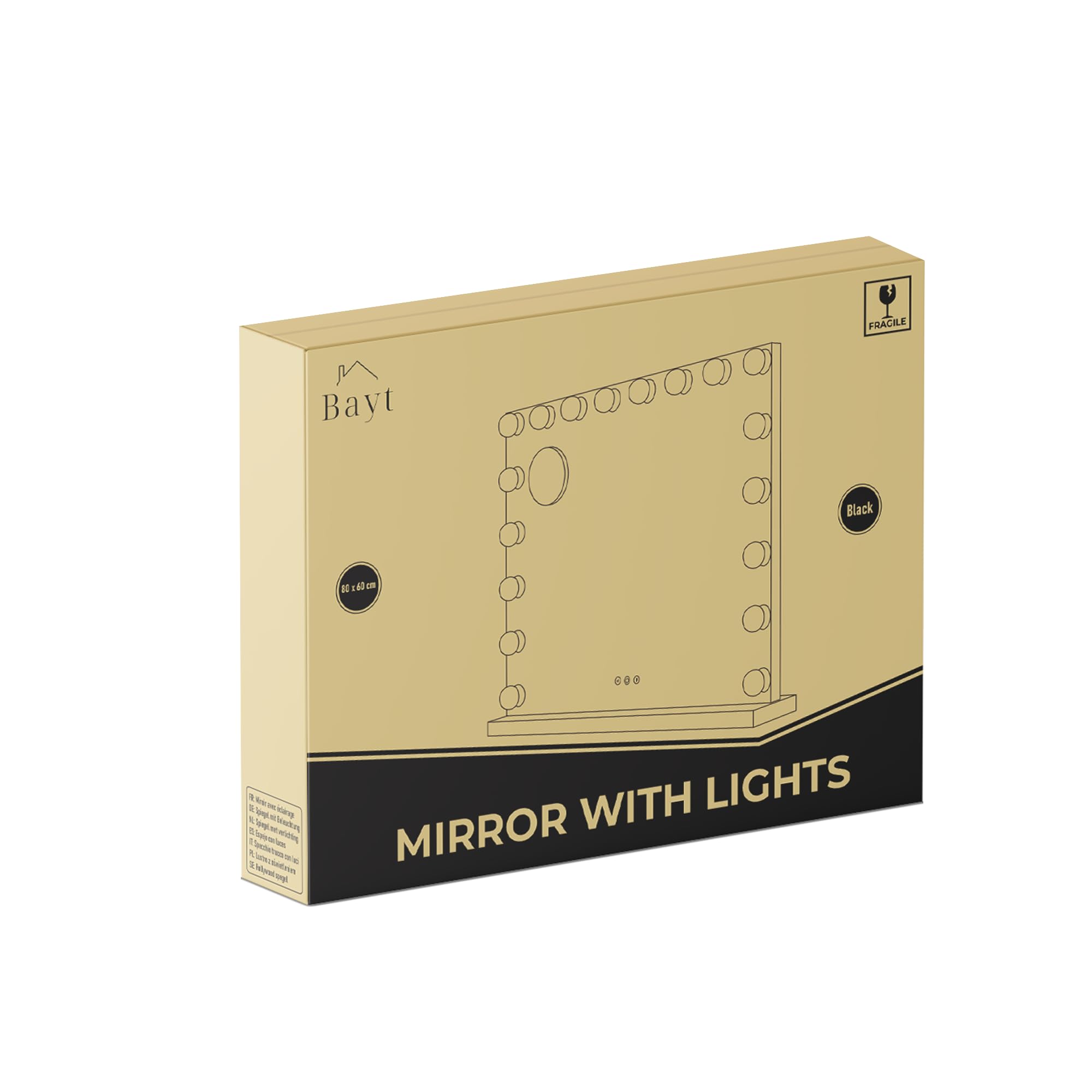 Bayt Specchio Hollywood con Luci LED – Specchio Trucco Nero 80x60 cm con 18 Lampadine Dimmerabili, 3 Tonalità di Luce (calda, fredda, naturale), Touch Screen & Specchietto Ingranditore 10x