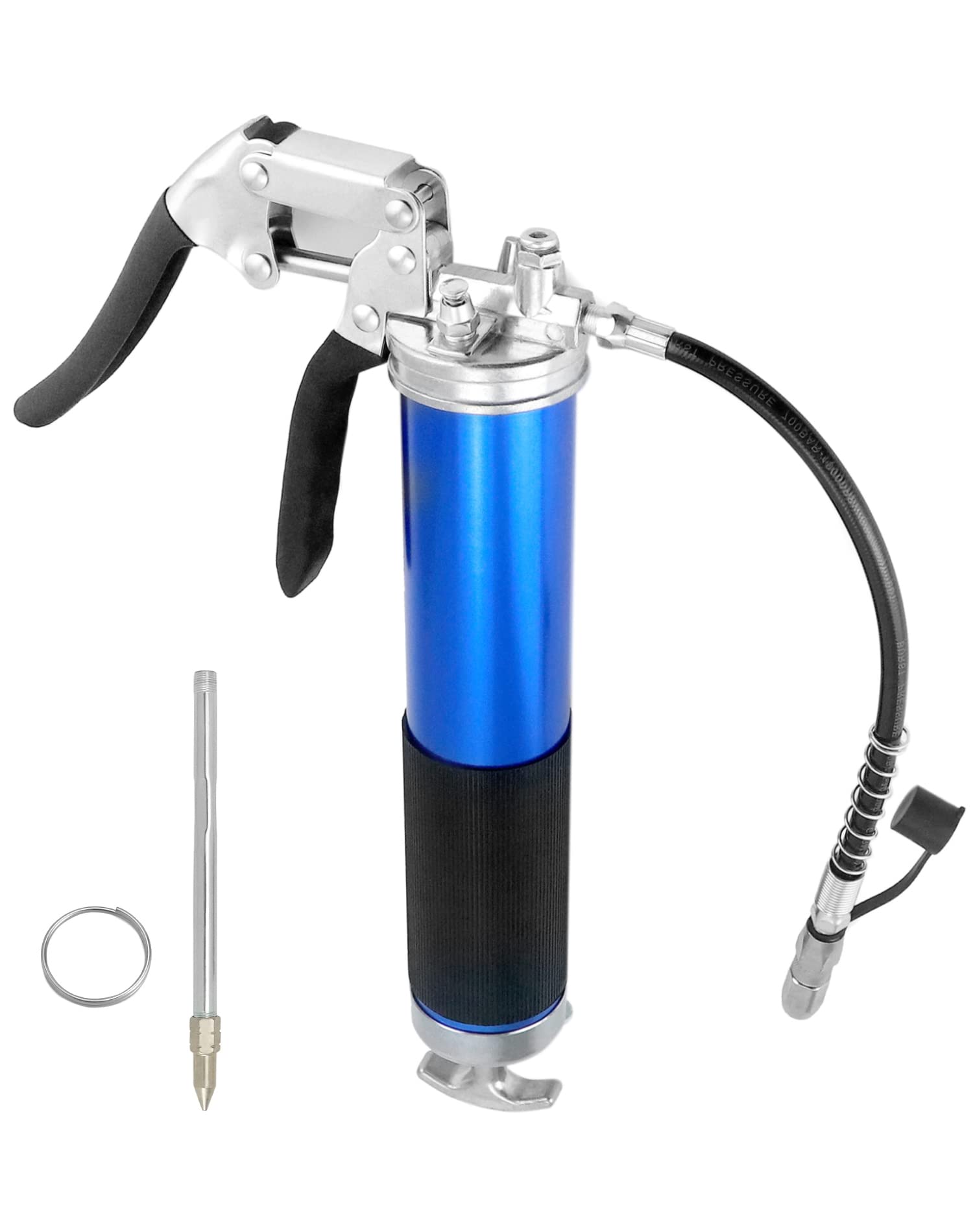 QWORK® Pistola Ingrassatore, 6000 PSI-7000 PSI, 400CC, con Tubo Flessibile, prolunga Rigida e ugello, Blu