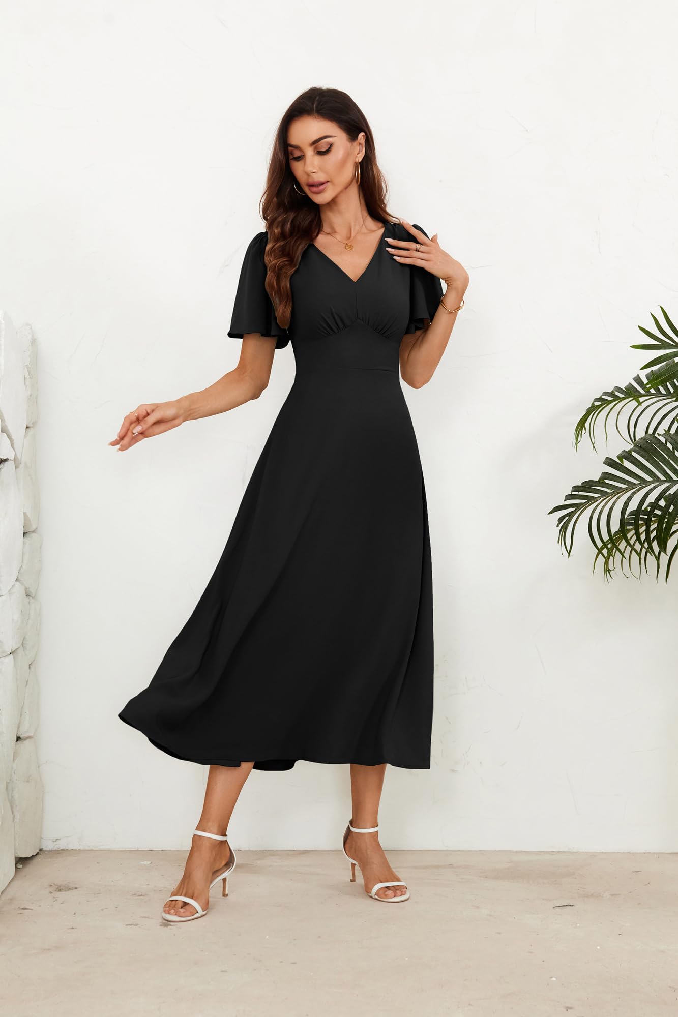GRACE KARIN Abito Donna Scollo V Maniche Corte a Volant Schiena Quadrata Vestito Linea A Casual Elegante