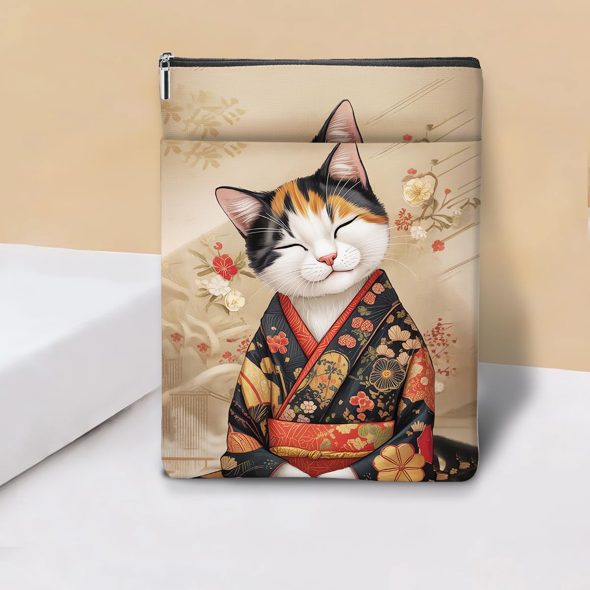 Japanese Kimono Cat Ocean Book Sleeve, Book Lovers Gifts Sleeve with Zipper & Front Pocket, 11.5x8.8 Inch Canvas Books Cover Protector Bookish Cat Lover Gifts for Readers Women Friend Birthday Gift — view 11