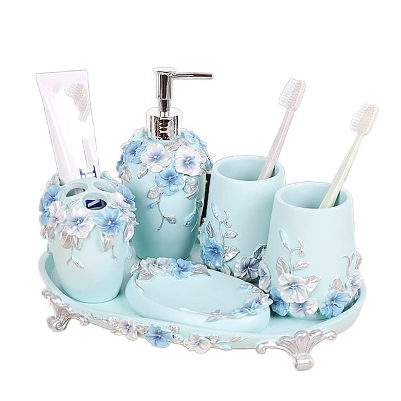 Set di accessori per il bagno Portaspazzolino in resina, portasapone, dispenser for bagno, decorazione costiera (5 pezzi) Arredamento per gli affittuari(5 Pieces+tray)