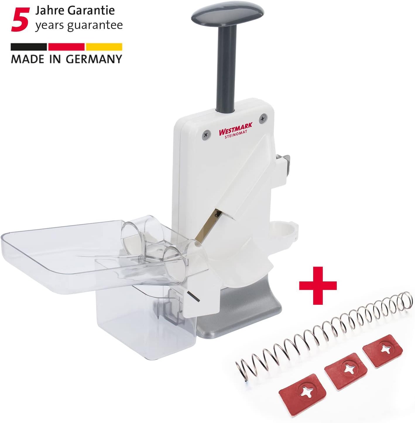 Westmark 406022E6 Cherry Double Corer and Plum Pitter Extra Fast: 2 Cherries at a Time Including 4-Piece Wear Parts Set, Plastic/Stainless Steel/Aluminium, Steinomat, White/Silver