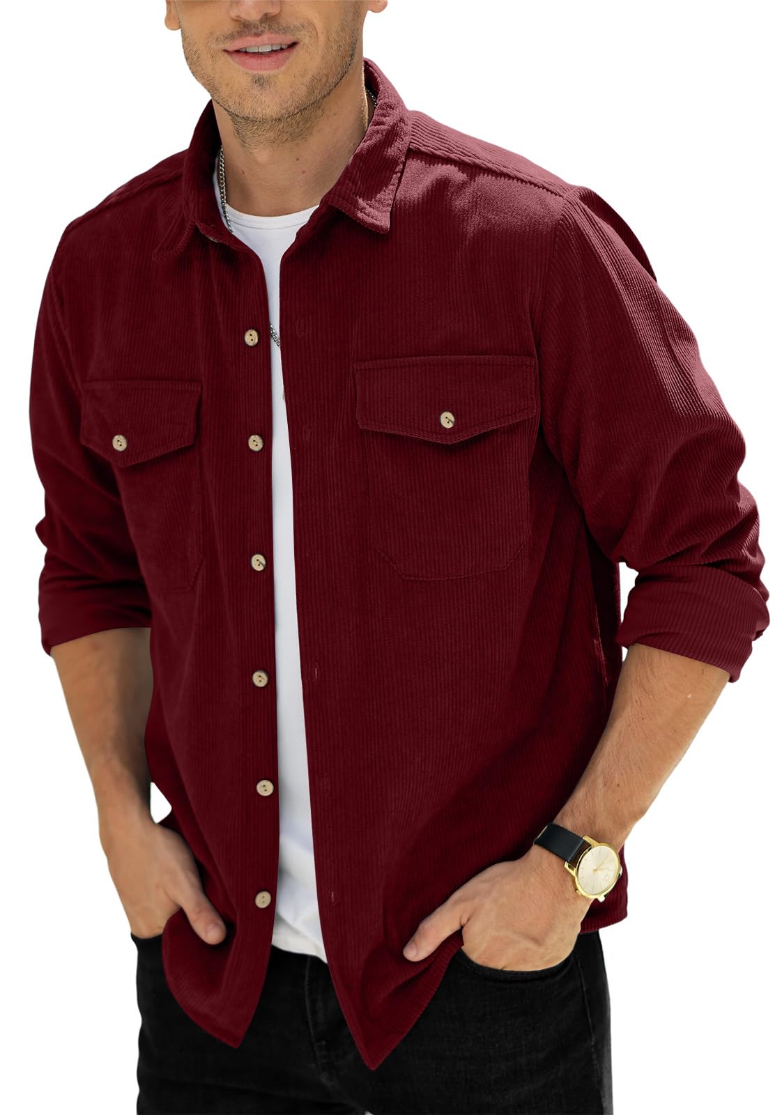 Camicia da uomo in velluto a coste, con bottoni, camicia casual con tasca sul petto, M-3XL
