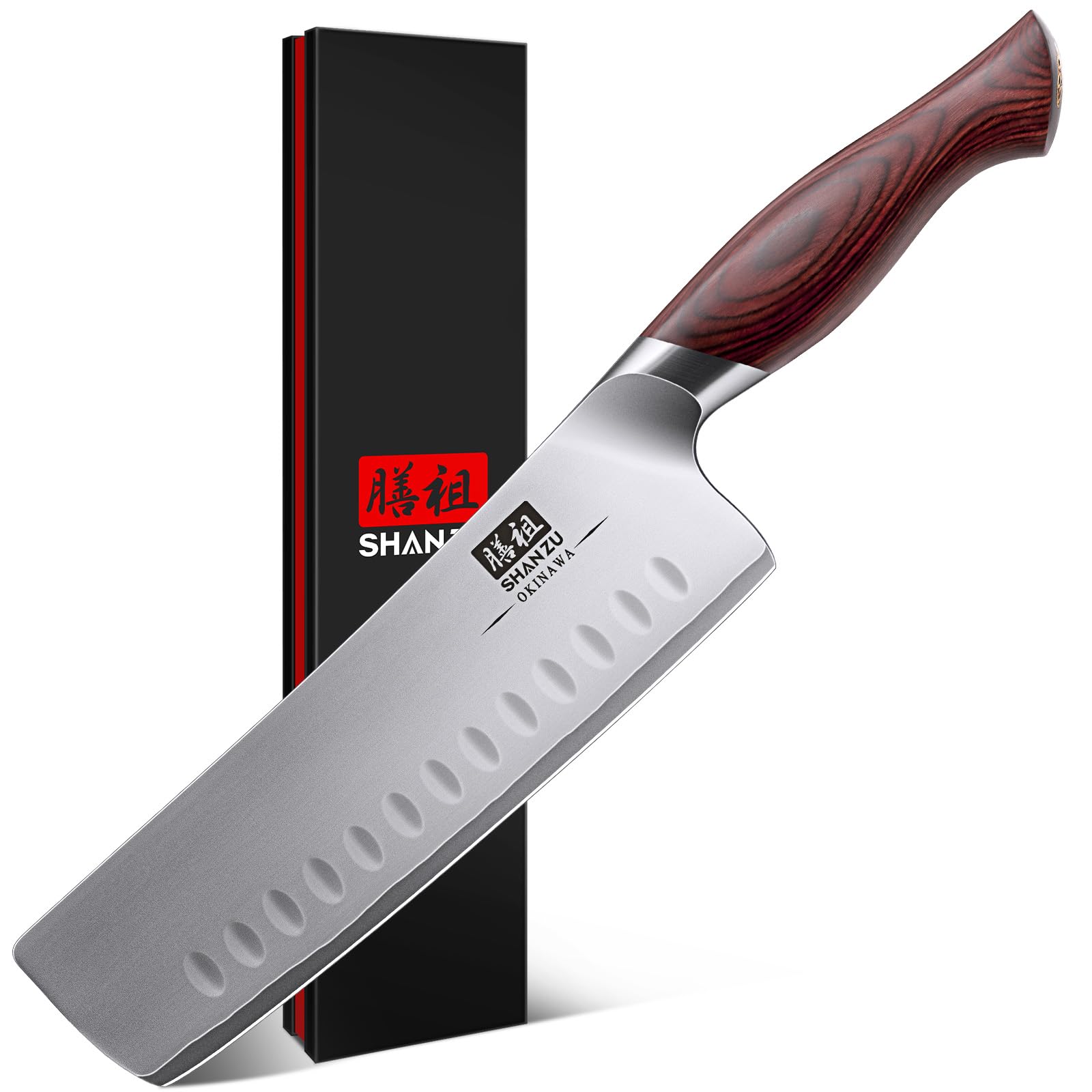 SHAN ZU Nakiri Knife 7 inch, Japanese Cooking Knife for Vegetable/Meat, Professional Chef Knife with 10Cr15Mov High Carbon Stainless Steel Sharp Blade & Ergonomic Pakkawood Handle - Okinawa Series