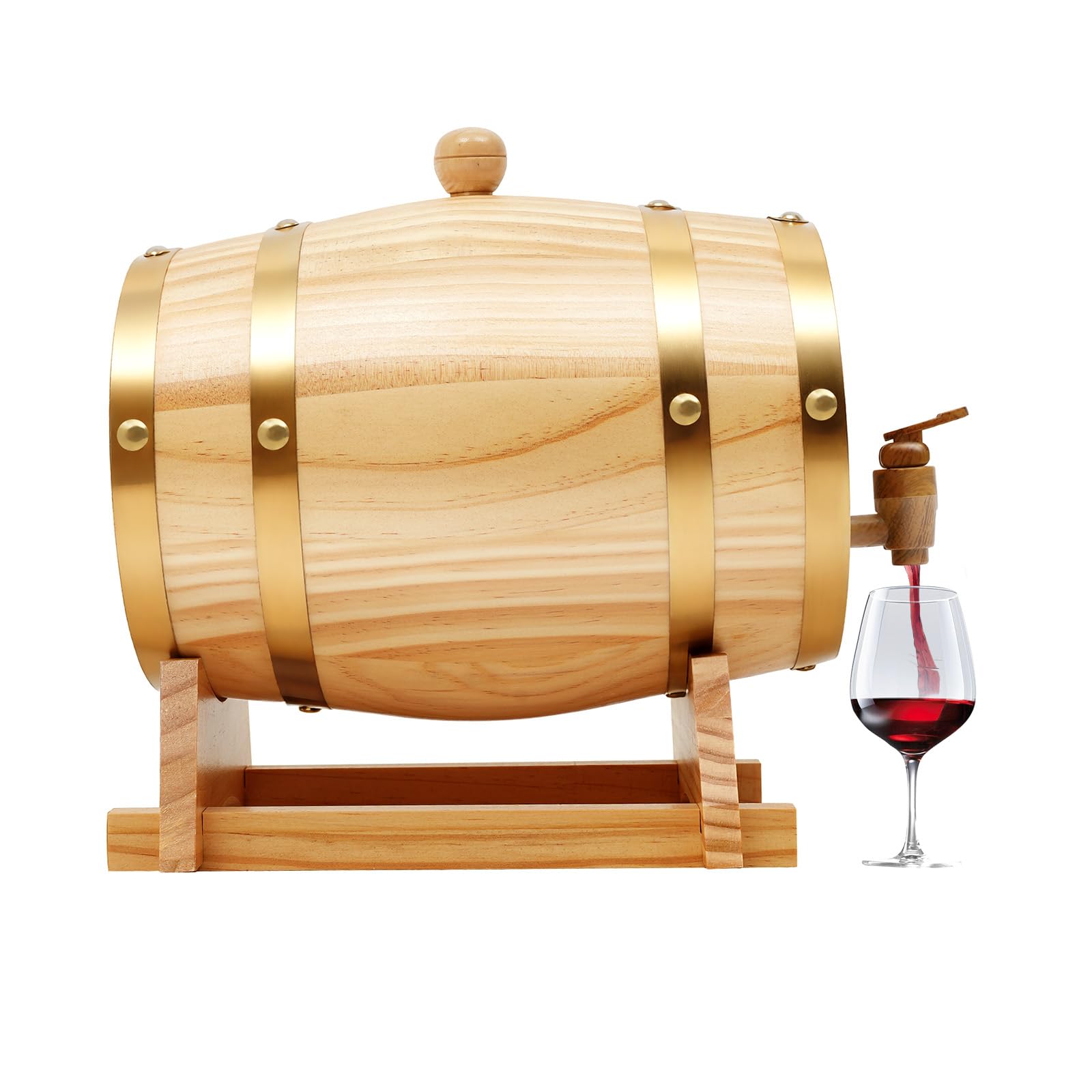 Tonneau en chêne de 3 litres pour vin, whisky et eau-de-vie, carafe à whisky classique en bois de 3 l, avec robinet et support en bois, petit fût à vin, 16 cm (D) × 23,5 cm (H) (3 L)