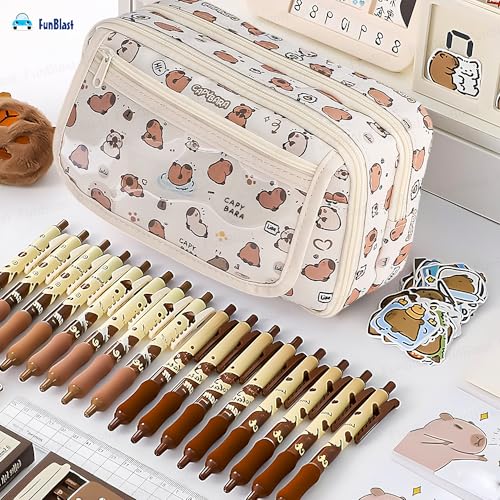 Image of FunBlast Large Capacity Capybara Pencil Pouch for Kids, Multipurpose Pouch | 3 Compartment Pencil Case with Transparent Front Pocket | Zipper Stationery Organizer for School, College & Office