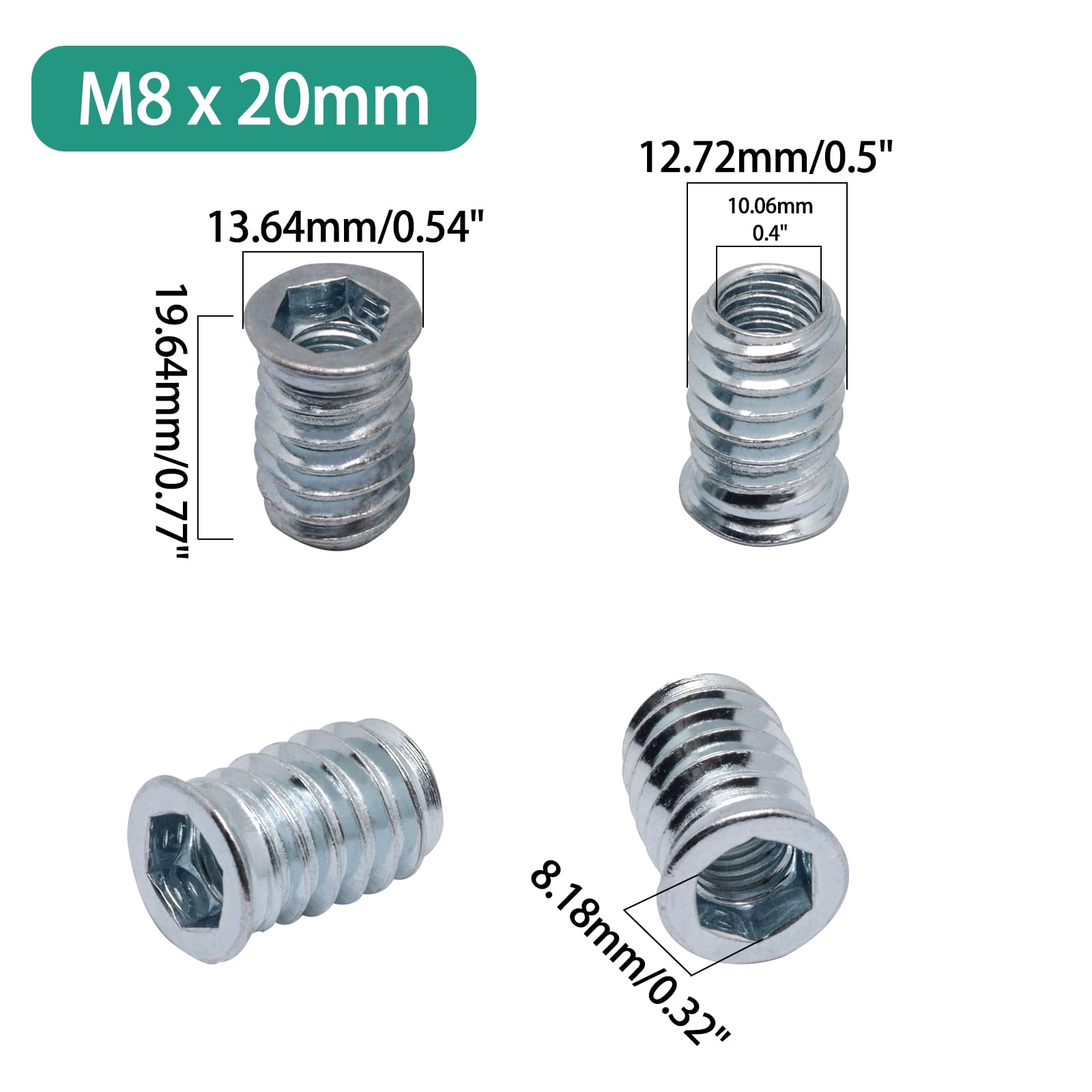 BUXIMN 42pcs Threaded Inserts for Wood, Carbon Steel Screw Inserts for Wood, Hex Socket Drive Nut Inserts Bolt Fastener Threaded Insert Connector for Furniture (M8x20mm)