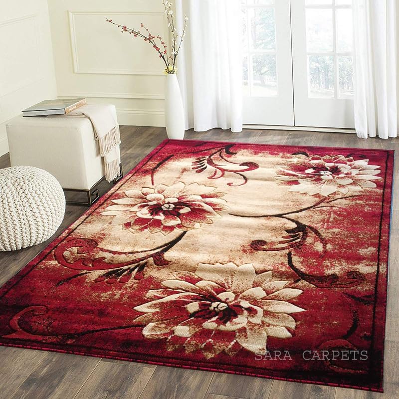 Image of Soft Thick Geometric Acrylic Washable Anti Skid Carpet. for Living Room Bedroom. Hall Size 7 x 10 feet (150X210 Cm) RED D30