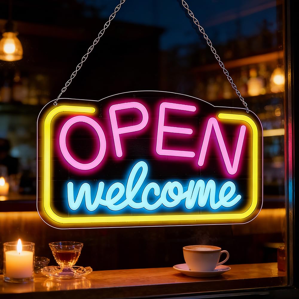 – LED Neon Welcome Open Sign, 43x23 CM Neon Light Sign, Open Welcome Neon Signs USB Power with On/Off Switch & 5 Level Lights for Store Window Party Bar Salon Coffee Shop