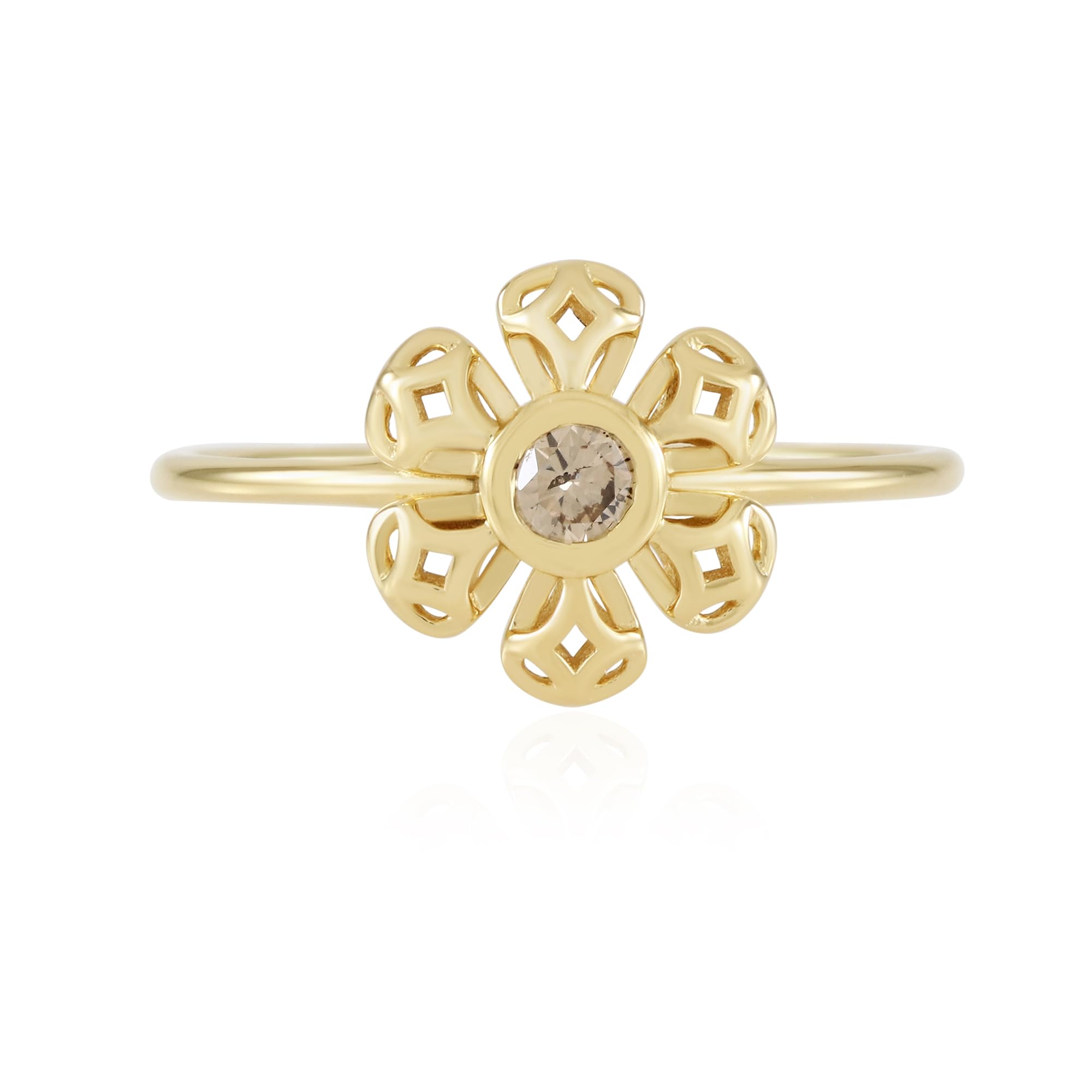 Cavill I2 Champagner Diamantring 0,099 ct Brillant in runder Schliff 925 Sterling Silber mit 18 Karat Vergoldung, florales Design, strahlender Braunton, Ringgröße 16-21, moderner Stil