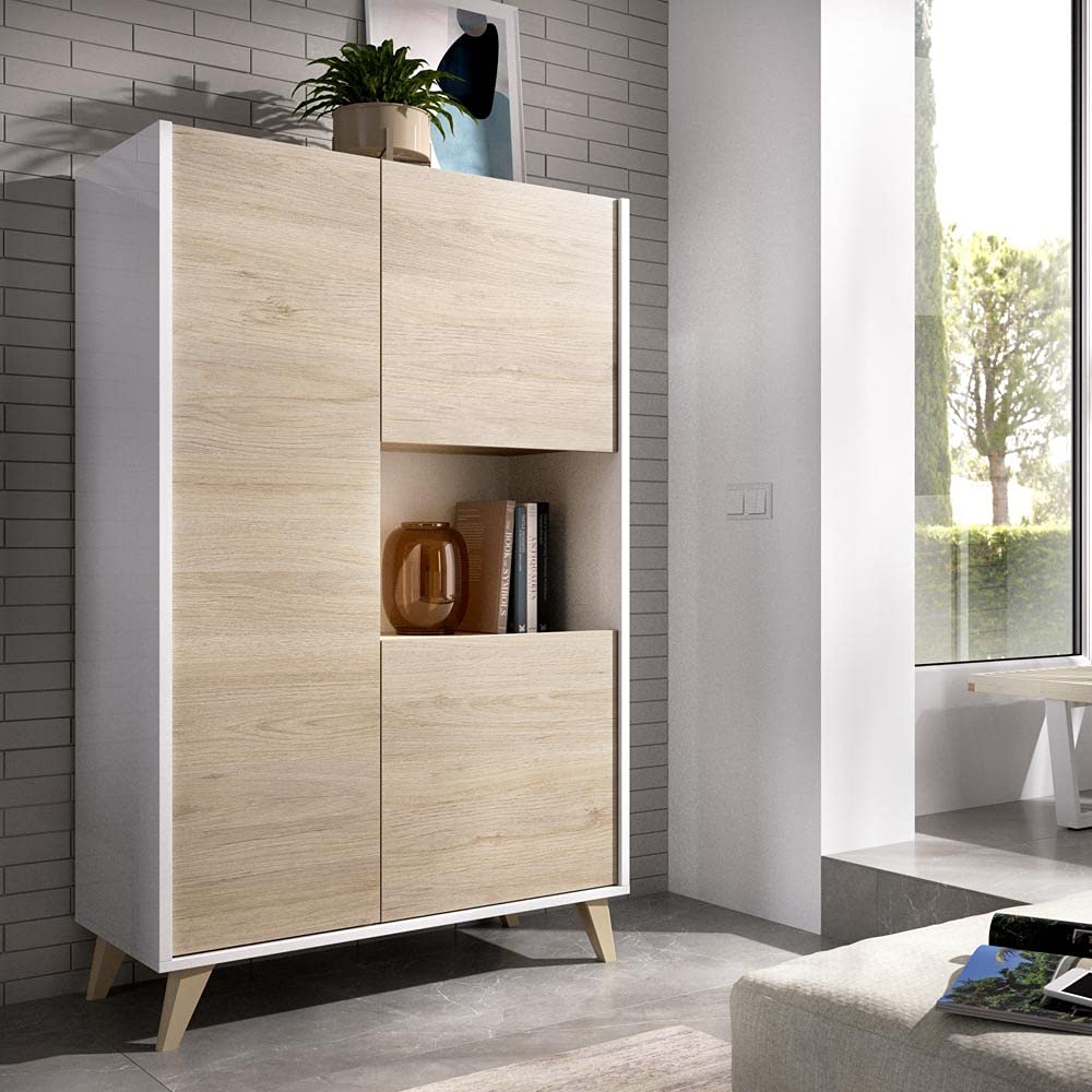 Mobelcenter - Mueble Aparador Alto 3 Puertas - Buffet Moderno - Armario Auxiliar Comedor - Acabado Color Blanco y Natural - Medidas: Ancho: 81 cm x Fondo: 43 cm x Alto: 135 cm - (1253)