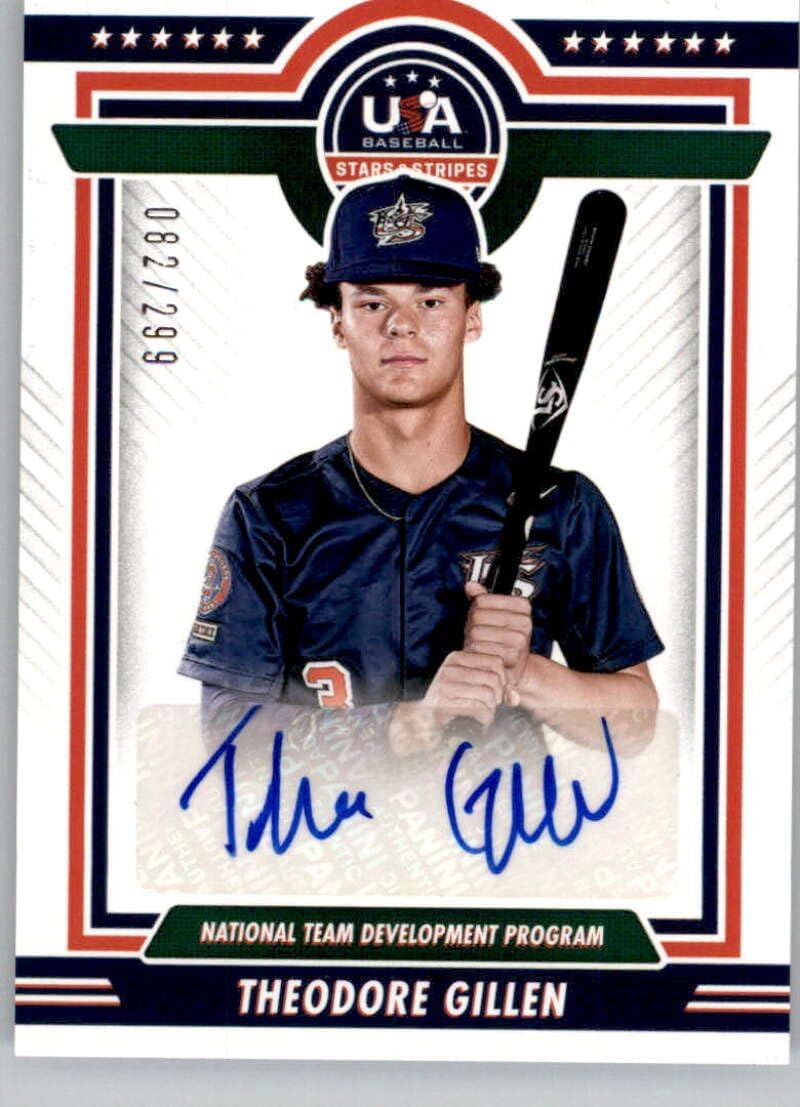 2022 Panini Stars and Stripes Blue Ink National Team Development Program Signatures #2 Theodore Gillen Auto Autograph SER/299 National Team Development Program Official USA Baseball Trading Card in Raw (NM or Better) Condition