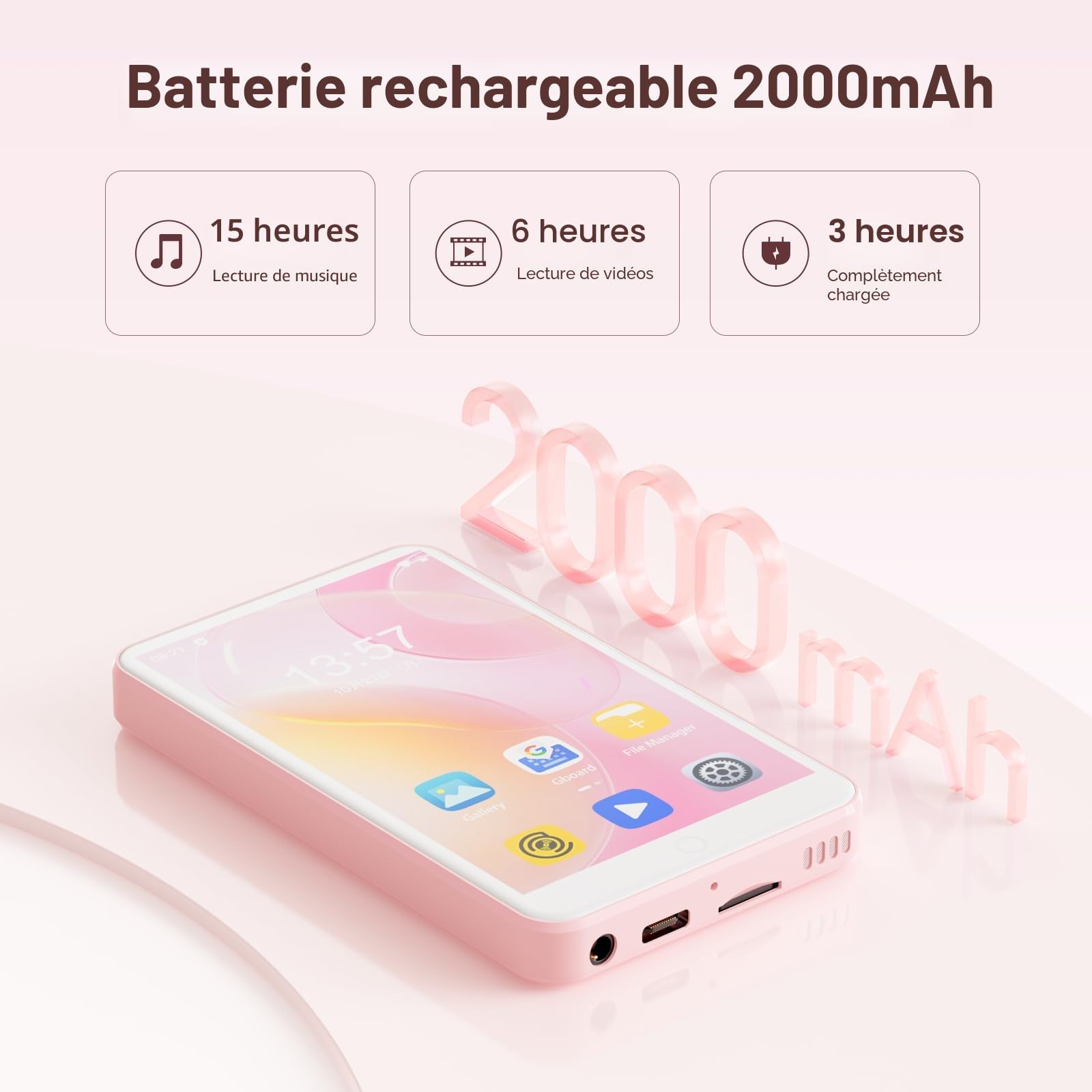 Lecteur MP3 avec Bluetooth et WiFi, Oilsky 80GB 4'' Android 9.0 Lecteur de Musique, MP4 à écran Tactile 1080P, Mp3 Portable avec Spotify, Audible, Deezer (Rose)