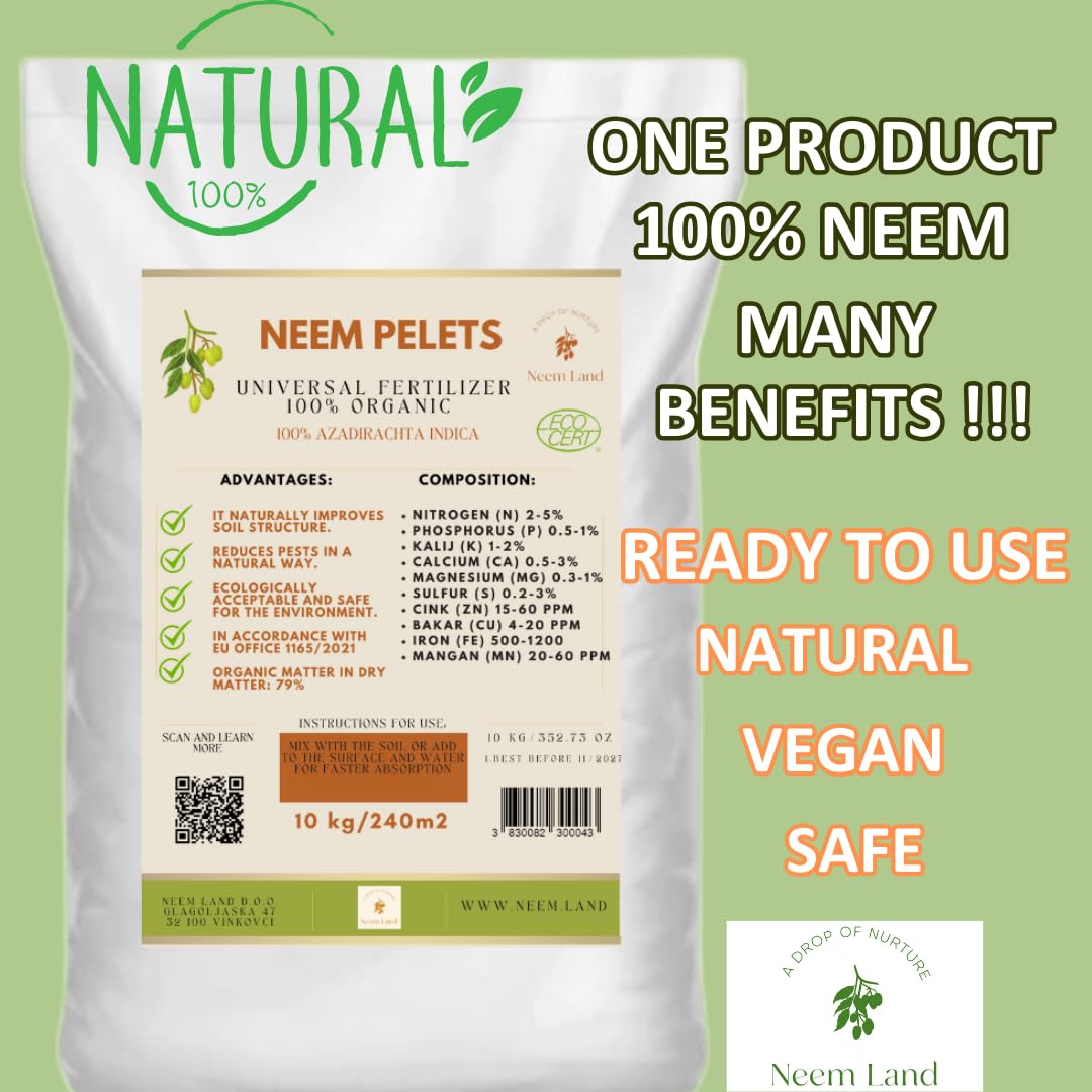 Neem Land Bio Neem Pellets 10 kg – Fertilizzante organico a lungo termine per 240 – 300 m² – Per verdure, frutta, ulivo, compost – 100% naturale ed efficace