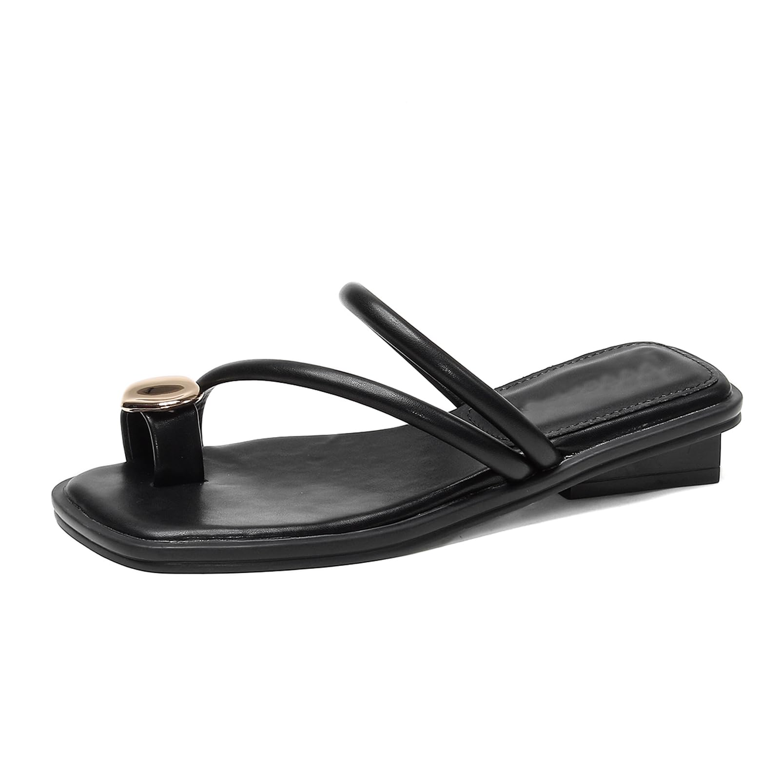 Women's Leather Strappy Metal Toe Ring Sandals Slipper Summer Square Open Toe Slip-On Low Block Heel Clip Toe Sandals Fashion Leisure Party Beach Flat Slippers