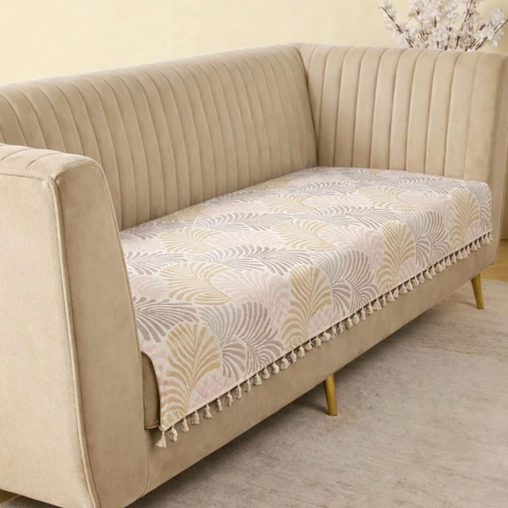 Image of HOMEMONDE 3 Seater Quilted Velvet Printed Sofa Cover with Tassels |Soft, Durable & Premium Fabric with Tassels | Sofa Cover Mats for Living Room, Bedroom & Office (76 X 178 CM, Opal Palms)