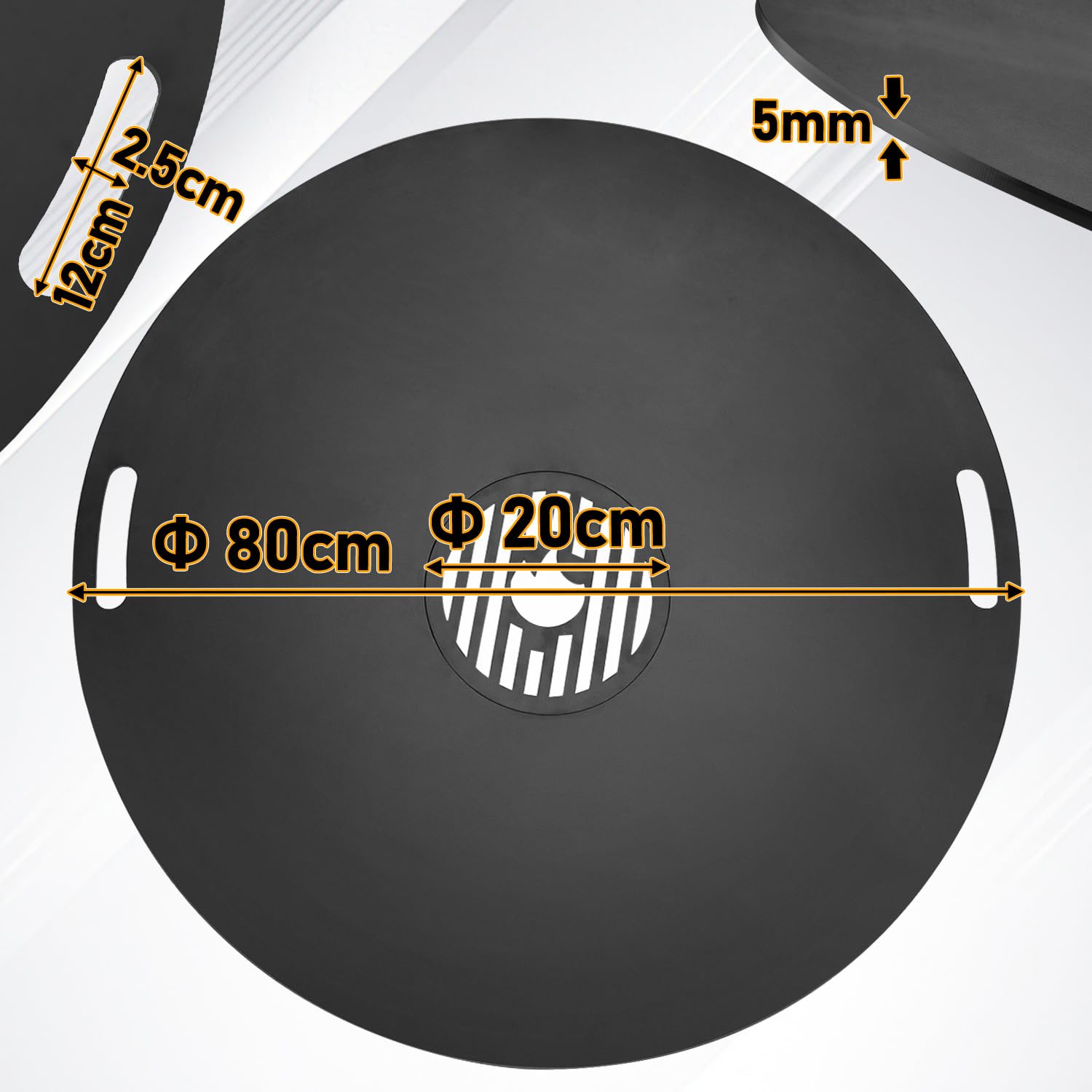 Carbonstahl Feuerplatte Ø 80 cm mit Grilleinsatz und Handschuhen, Grillplatte für Feuertonne und Feuerschale, Plancha Grillring für BBQ und Teppanyaki
