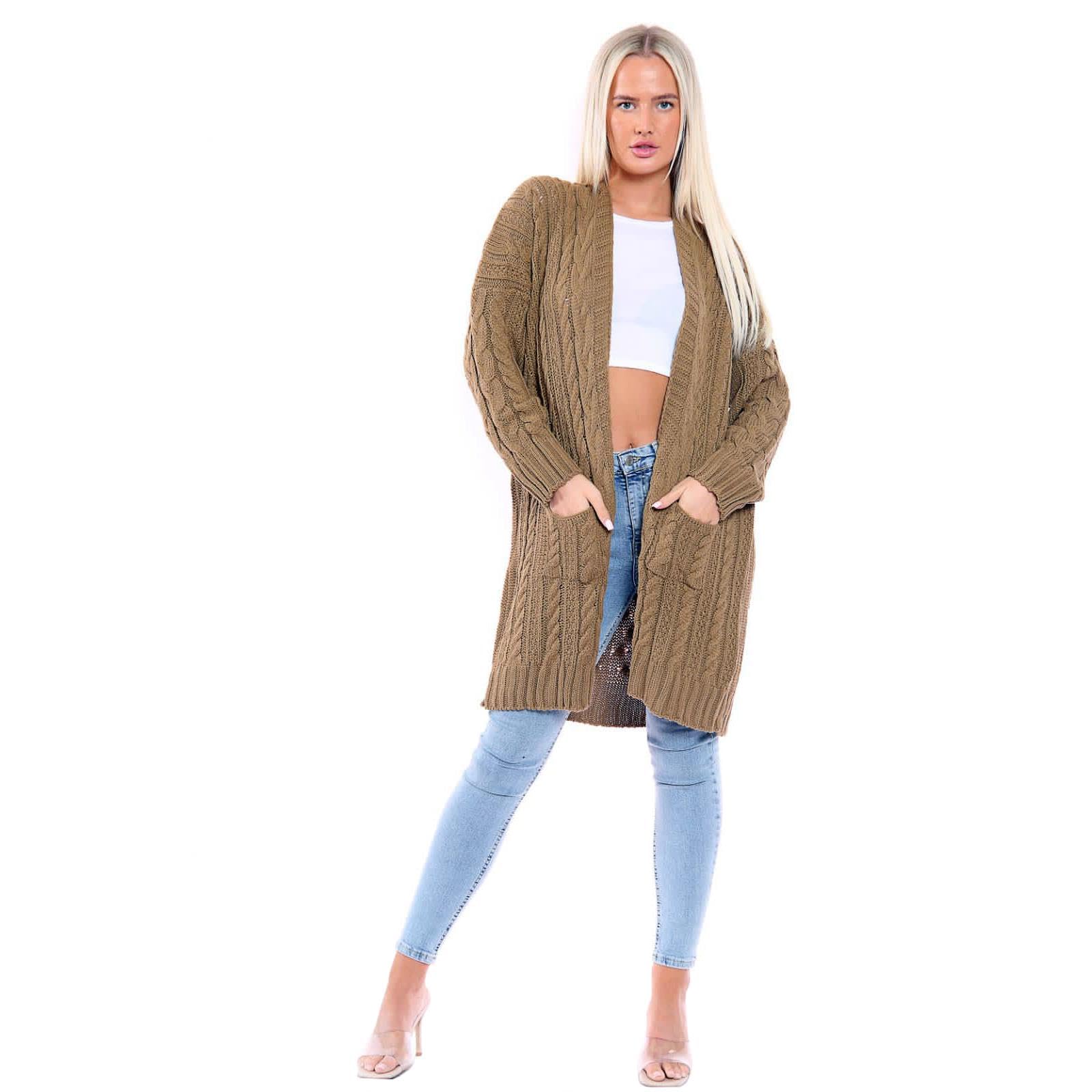 Janisramone Women's Camel Janisramone® Chunky Cardigans, Baggy Oversized Cable Knitted Cape Cardigan, Warm Longline Cardigans For Uk Open Front Long Cardigan With Pockets, Winter Outwear