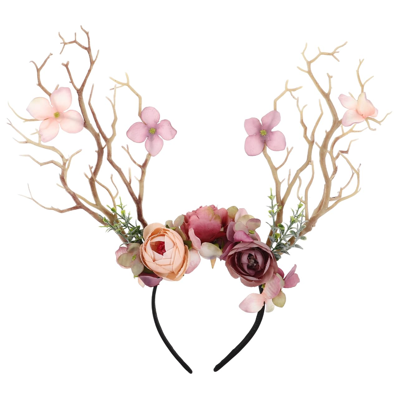 Serre-tête de renne de Noël avec bois et fleurs - Accessoire élégant pour les fêtes, séance photo et idée cadeau - Design branche marron clair