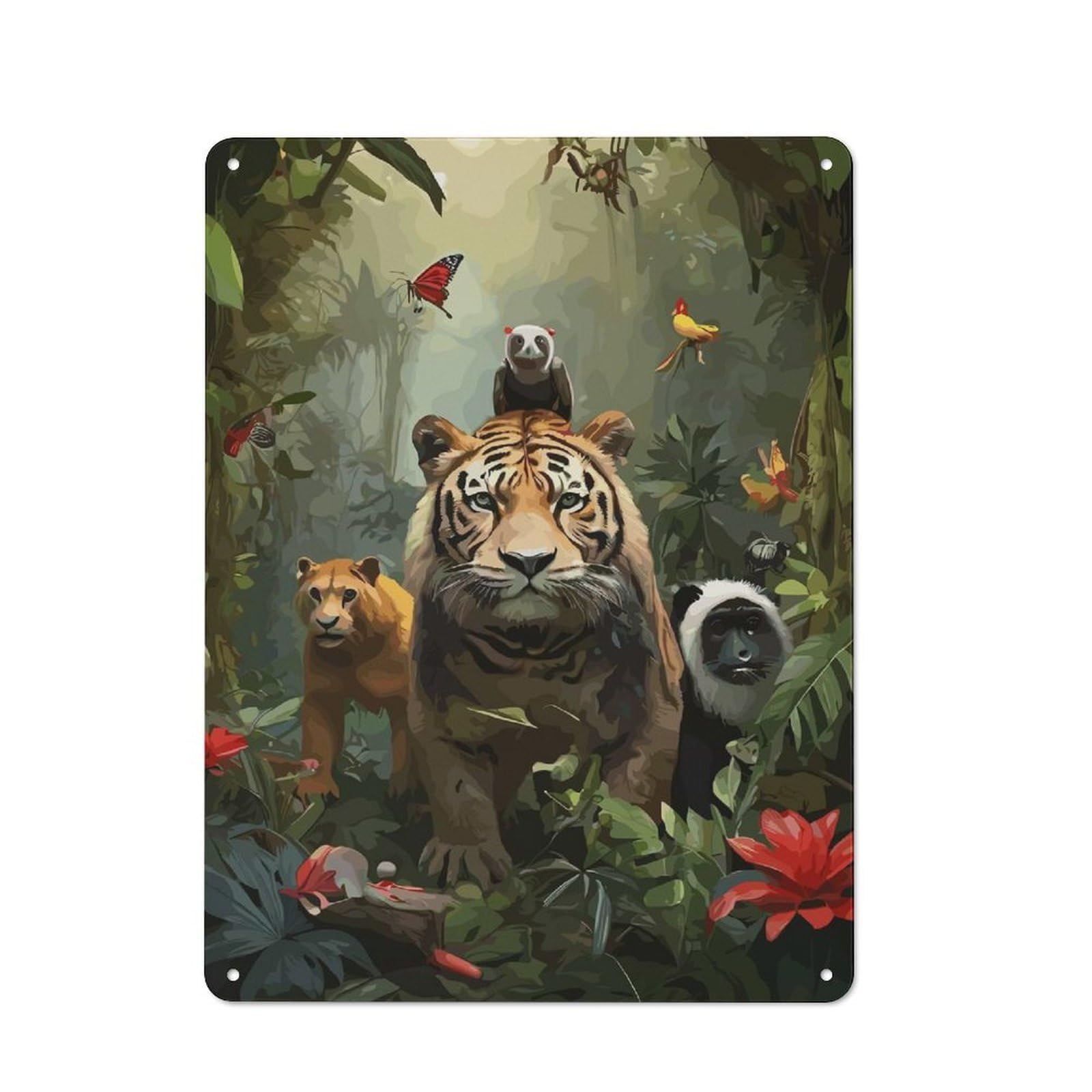 Garage Metal Sign with Animals in The Jungle Design 40x30cm, Weathered Look Garage Wall Decor for Garage, Workshop, Shed Or Utility Room