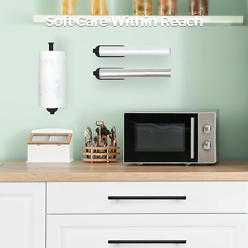 Miniatura 2 de Paquete de 2 soportes para toallas de papel, acero inoxidable SUS304 negro mate, autoadhesivo o perforador, soporte de pared para cocina y baño