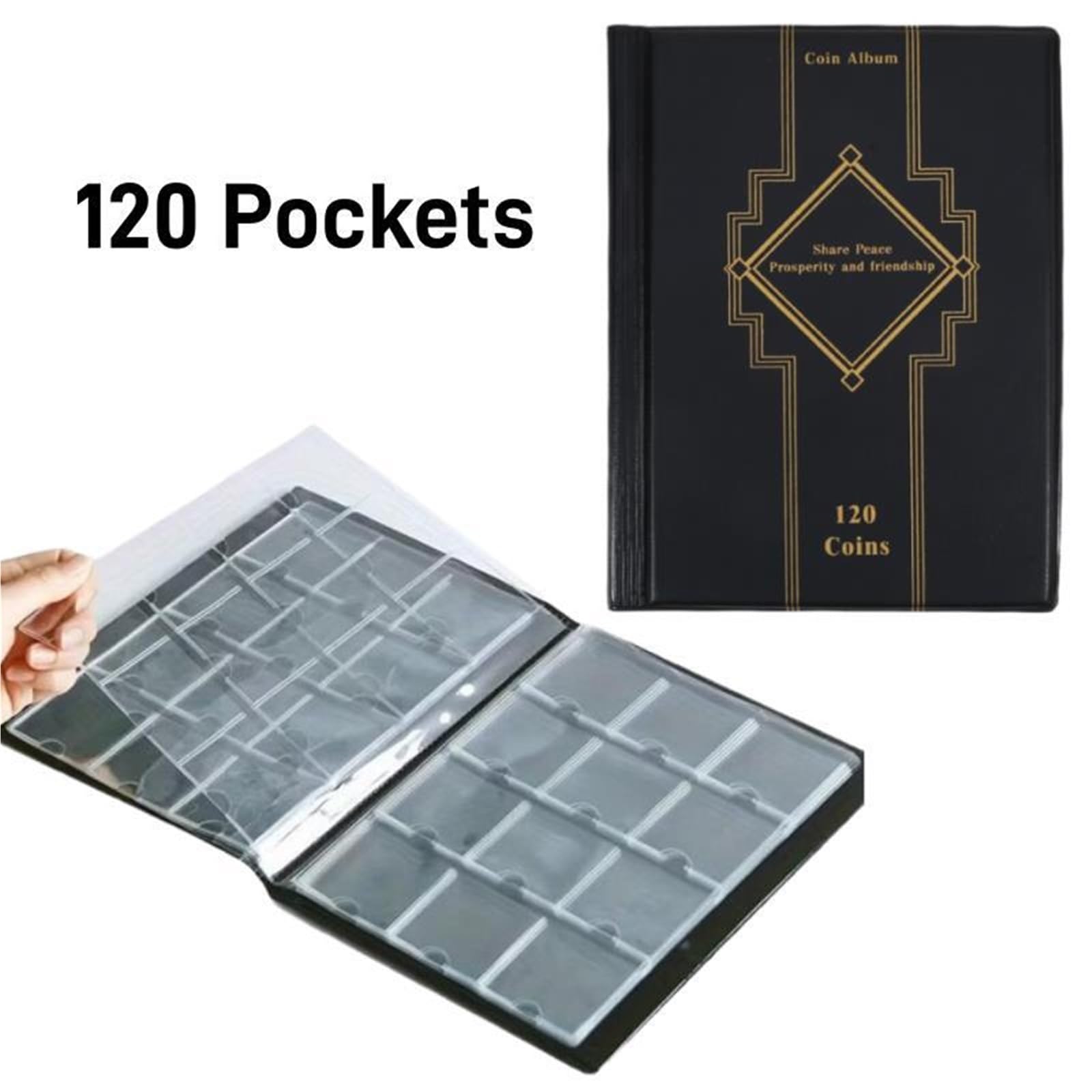 Album Monedas 120 Pockets Artificial PU Leather Coins Collection Album Book Collecting Money Organizer Storage Bags PVC Film(Black Set)