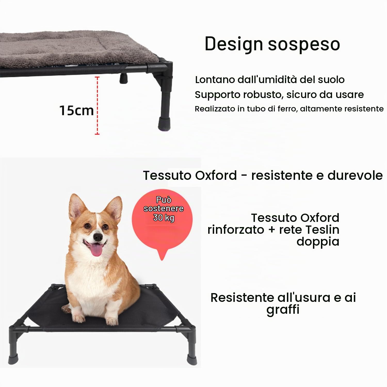 Cuccia Rialzata Per Cani Da Esterno Con Tetto,Lettino Per Cani,Protezione Dal Sole Su Tre Lati Con Piedi Antiscivolo,Include Cuscino e Sacca Di Stoccaggio,Per Campeggio,Giardino,Spiaggia e Piscina