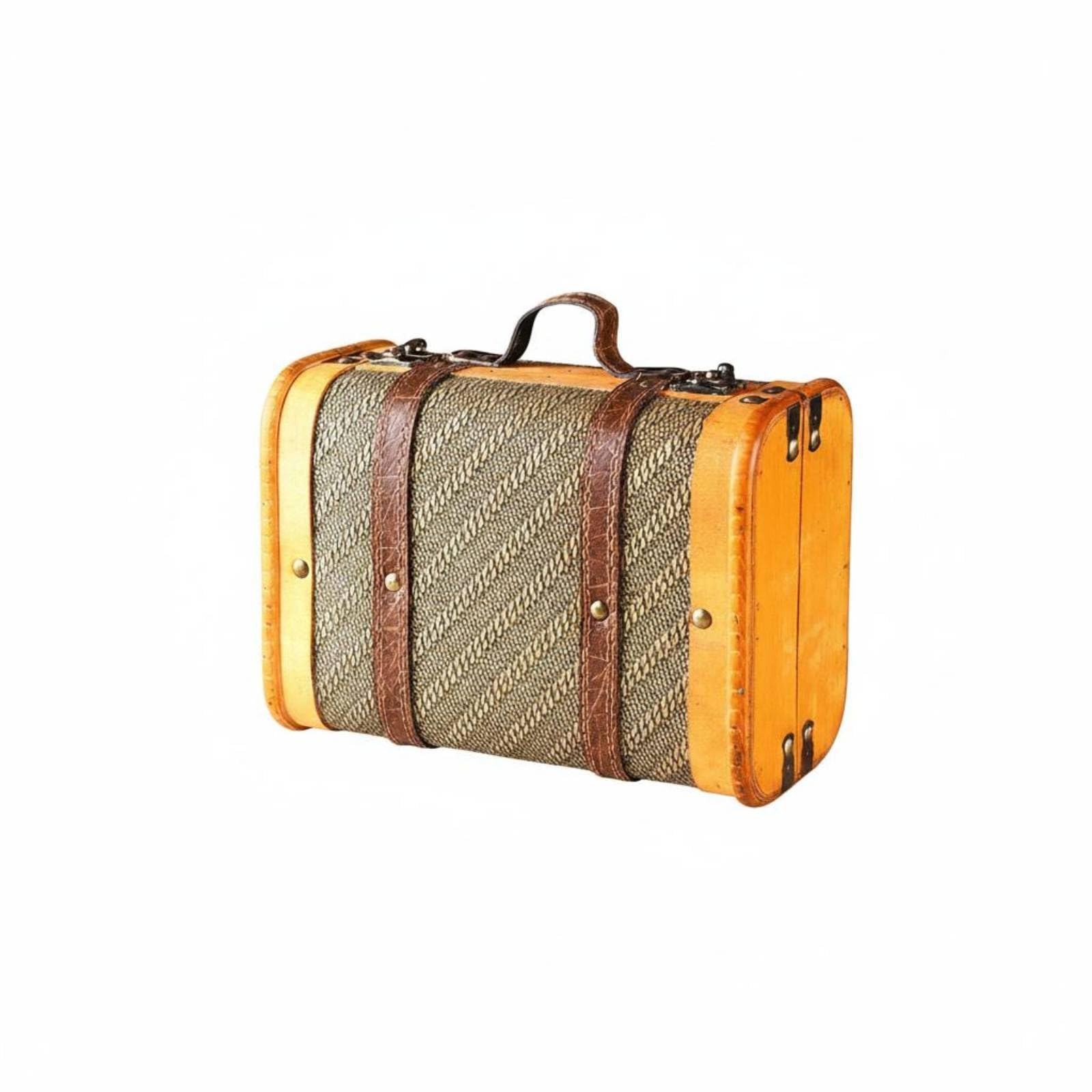 Woven-Textured Wooden Storage Suitcase Leather-Like Trim Portable Storage Suitcase Metal Rivets Vintage Wooden Chest Retro Design, Yellow Retro a|Antiques | Decorative Arts | Woodenware-image-47
