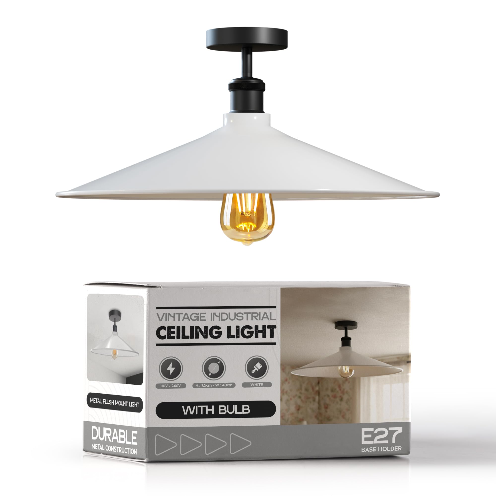 LEDSone Semi Flush Mount Ceiling Lights E27 Base Industrial 40cm White Lampshade Easy Fit Anti Rust Durable Metal LED Ceiling Lamp Chandeliers for Living Room Kitchen Farmhouse Hallway EPC A+ Bulb