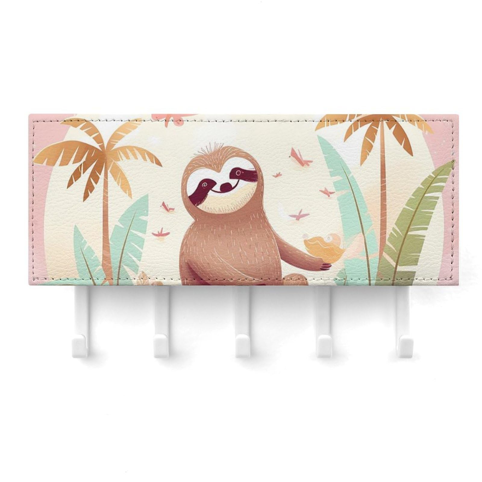 QMNLKH Sloth Flamingo Wall Mounted Key Rack for Home, No Drilling Key Holder with 5 Hooks, Self Adhesive Keys Chain Organizer for Hallway, Keys Hanger Shelf for Office, Doorway White