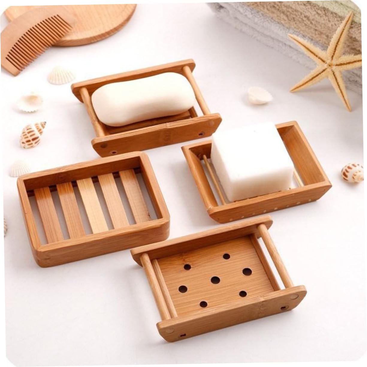 3 Series Jabonera De Madera Jabonera para Baño Bandeja Escurridora De Jabón De Madera De Bambú 2 Piezas x 3