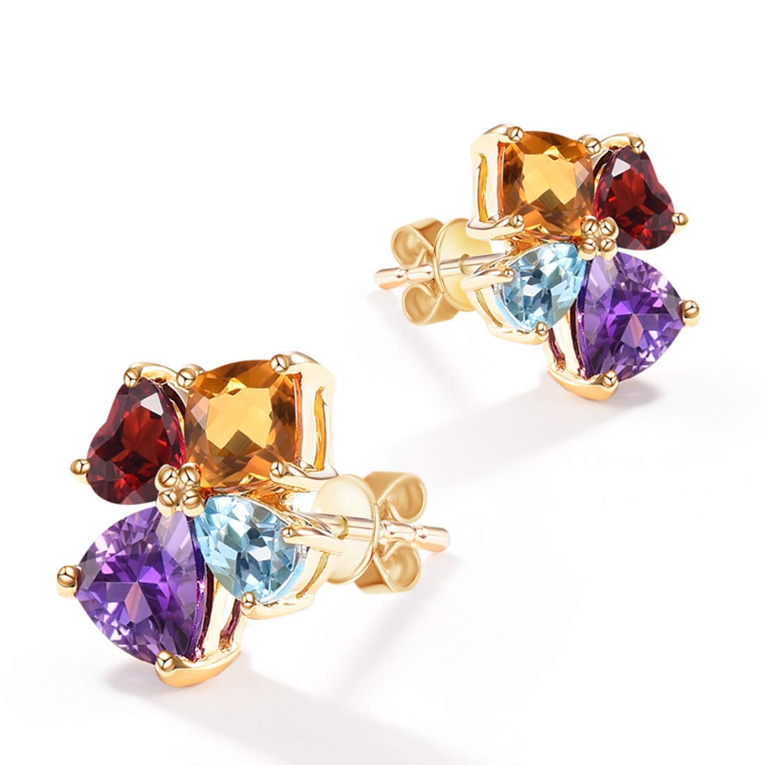 Aretes de oro macizo de 14 quilates con piedras preciosas naturales reales y topacio citrino granate amatista. Dimensiones: 12 x 10 mm