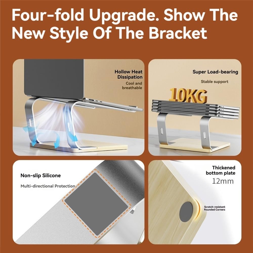 Soporte ergonómico for portátil de Escritorio, de Aluminio, con Base de Madera.(Negro)