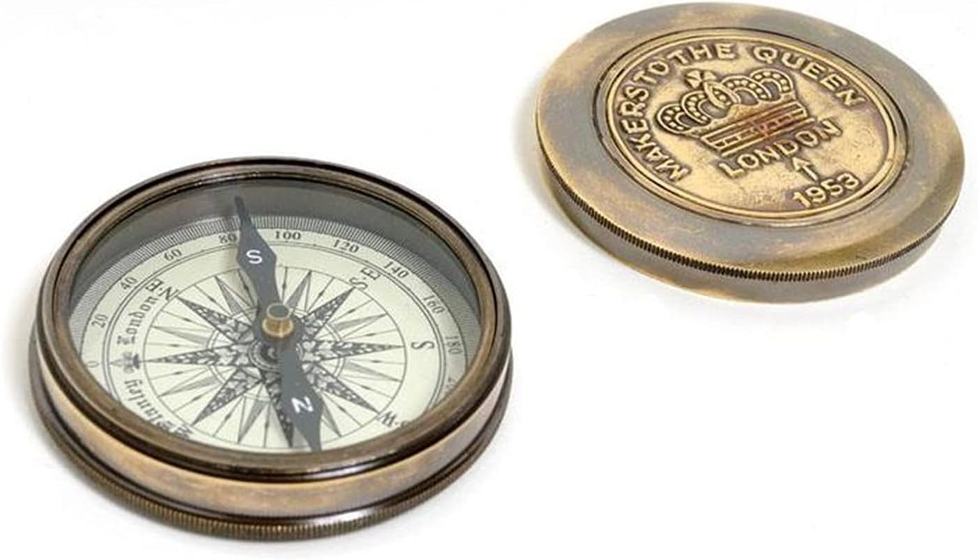 Old Modern Handicrafts Makers to The Queen Compass with Leather Case - Handcrafted from Brass - 3.0L x 3.0W x 0.8H Inches